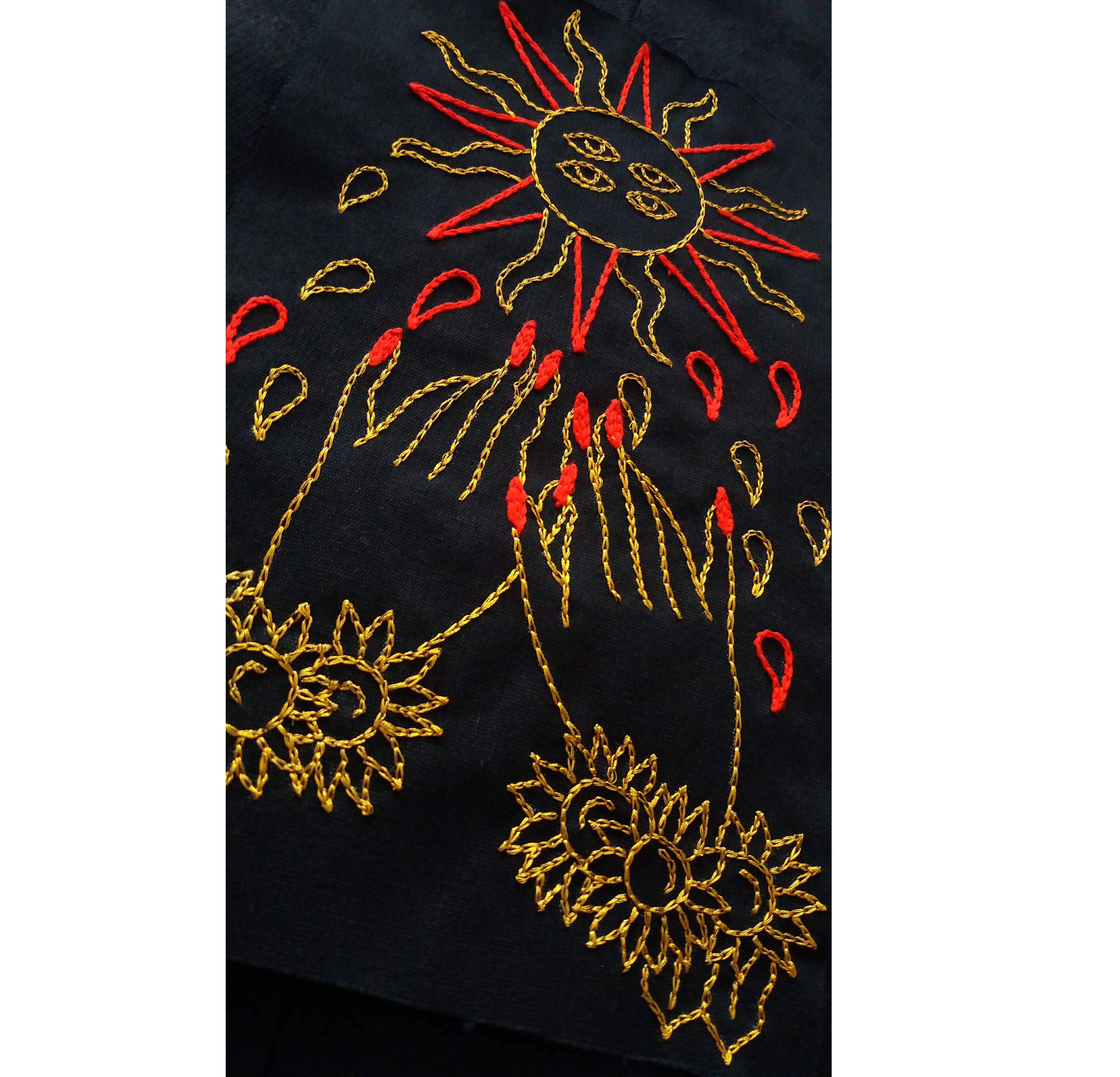 Contemporary El Sol. From The Ventura Series.  Embroidery thread on canvas. Framed For Sale