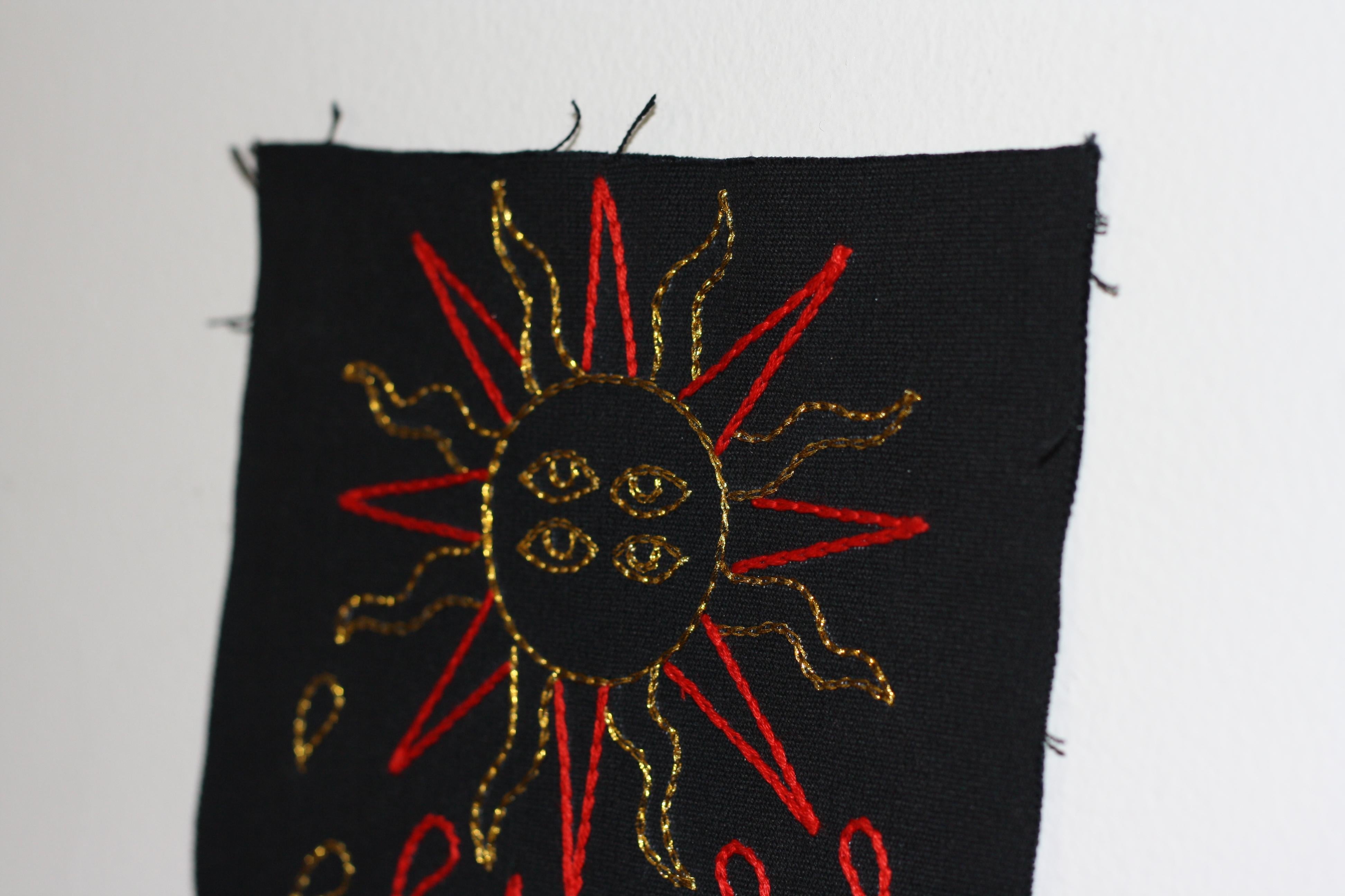 Textile El Sol. From The Ventura Series.  Embroidery thread on canvas. Framed For Sale