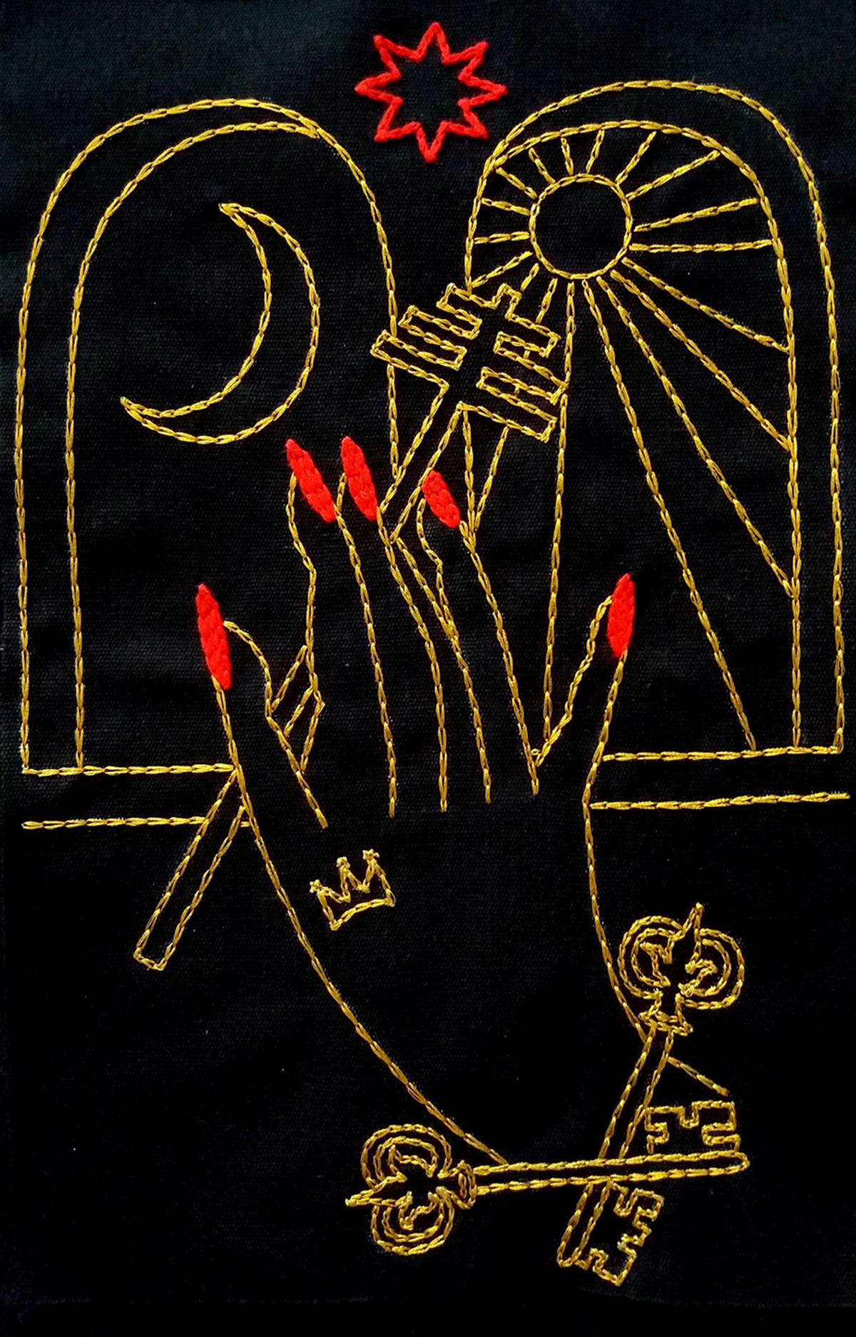 El Sumo Sacerdote, 2019 by Maria Jose Franco Maldonado
From The Ventura Series. 
Embroidery thread on canvas
Image size: 27 cm H x 17 cm W
Frame size: 40 cm H x 30 cm W x 3 cm D
Unique

Blackwood frame with plexiglass
___
Maria Jose Franco