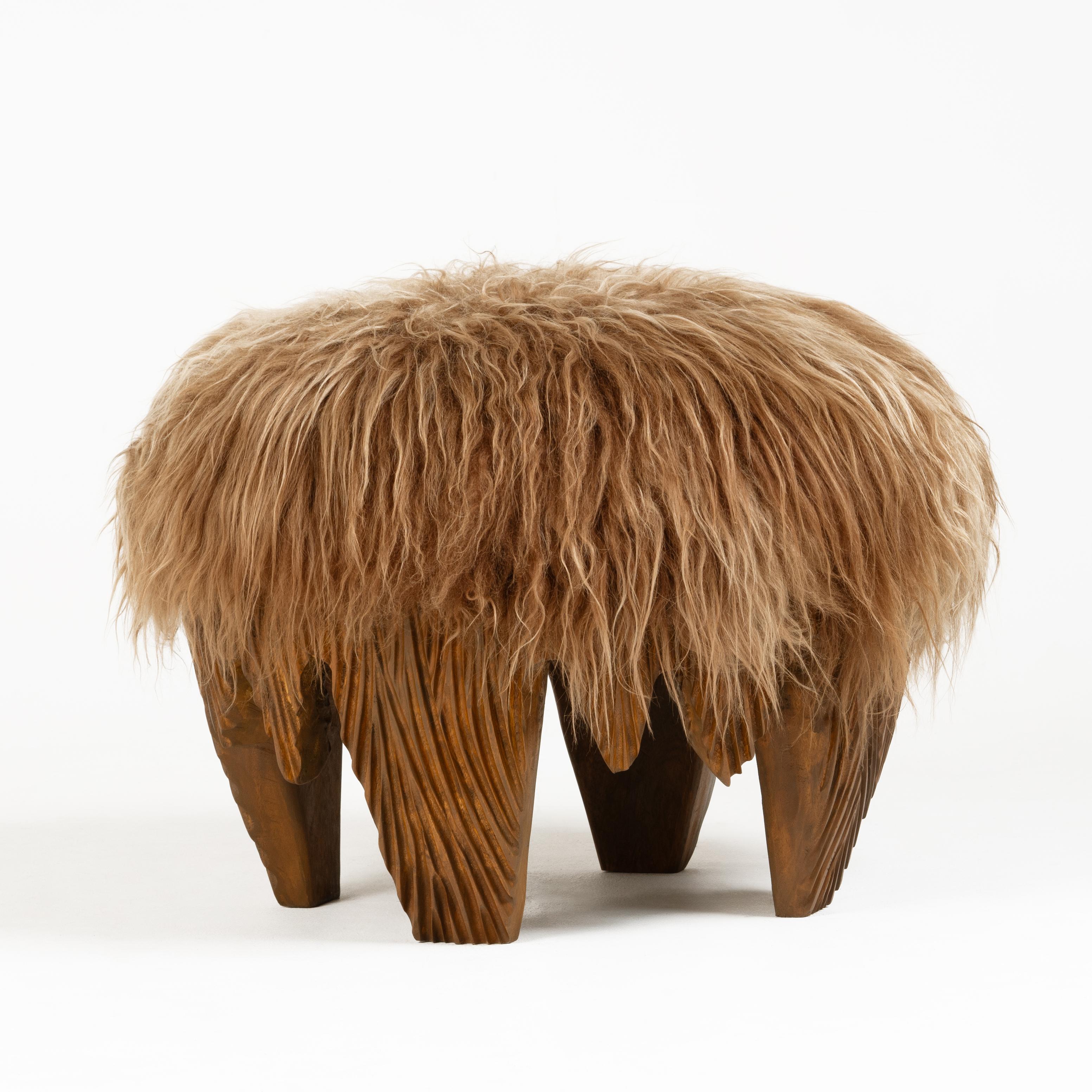 El Topo • Natural • Sculptural Hand-Carved Acacia & Sheepskin Ottoman by Odditi In New Condition For Sale In CAROOL, NSW, AU