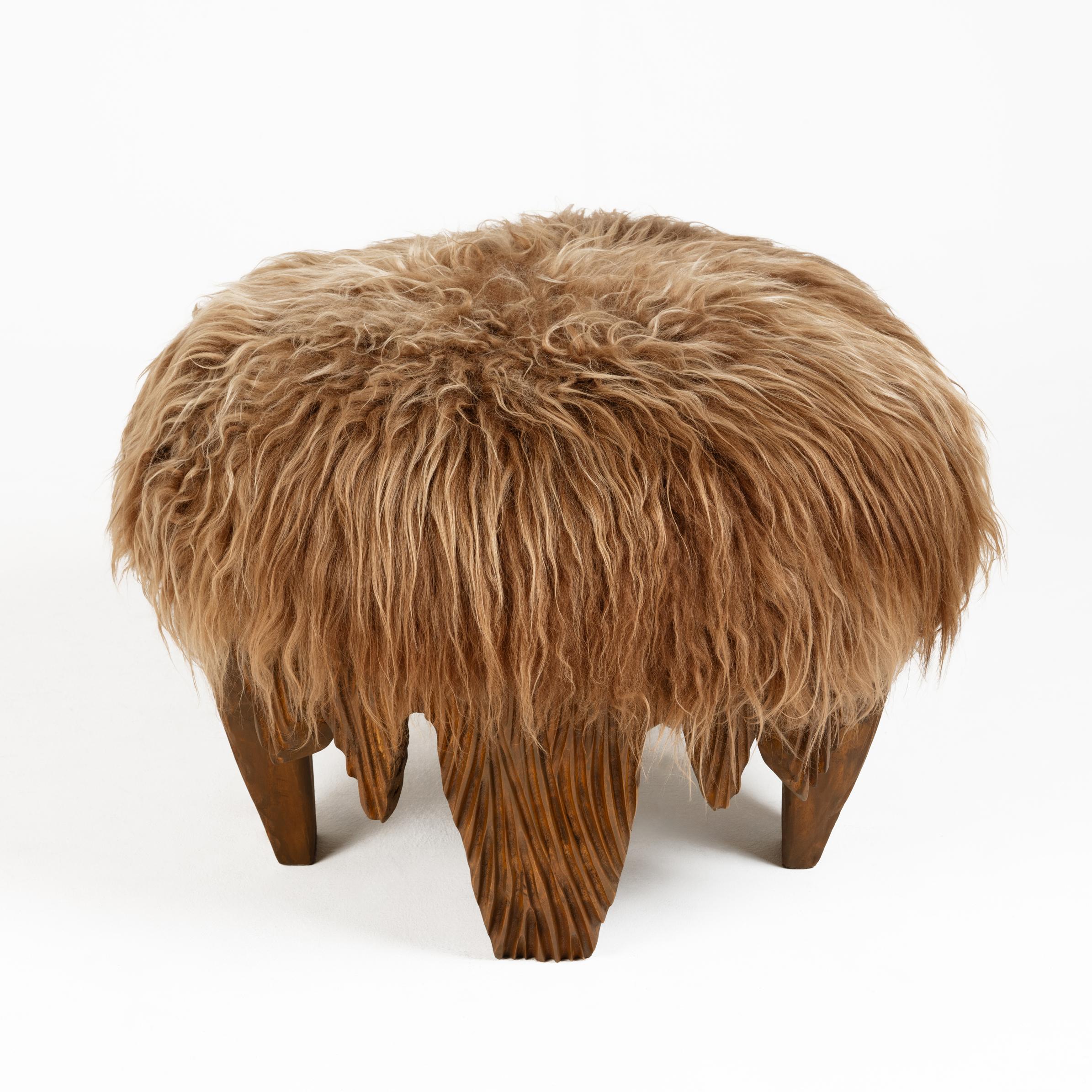 Contemporary El Topo • Natural • Sculptural Hand-Carved Acacia & Sheepskin Ottoman by Odditi For Sale