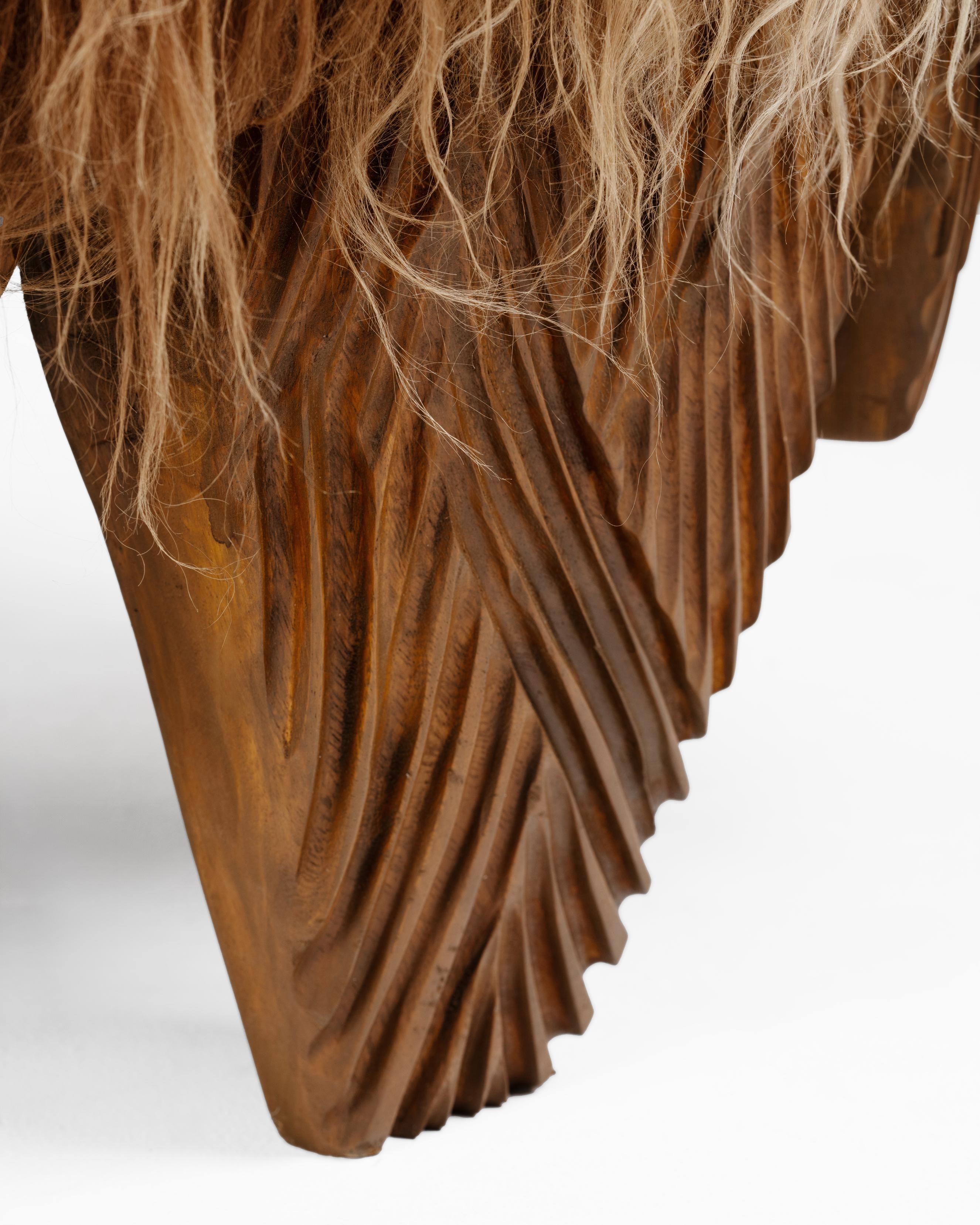 Fabric El Topo • Natural • Sculptural Hand-Carved Acacia & Sheepskin Ottoman by Odditi For Sale