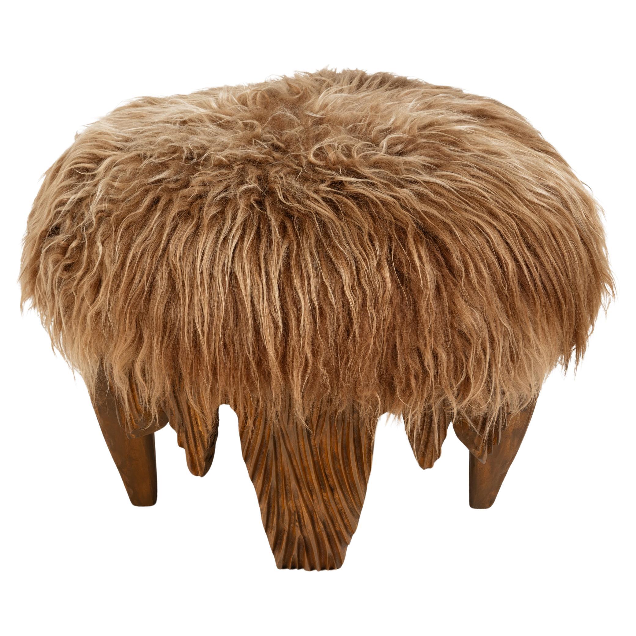 El Topo • Natural • Sculptural Hand-Carved Acacia & Sheepskin Ottoman by Odditi For Sale
