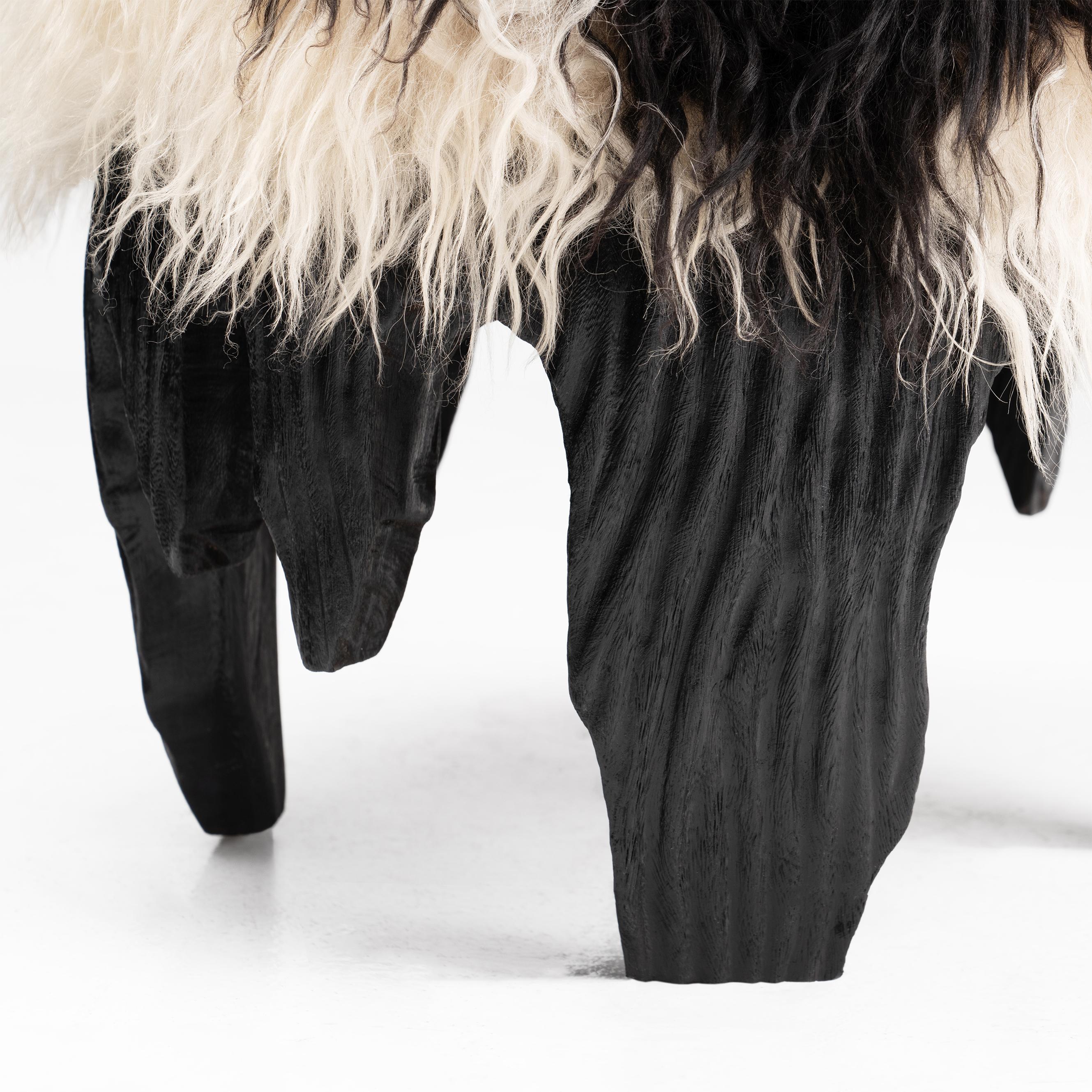 Oceanic El Topo • Sculptural Hand-Carved Acacia & Sheepskin Ottoman by Odditi For Sale