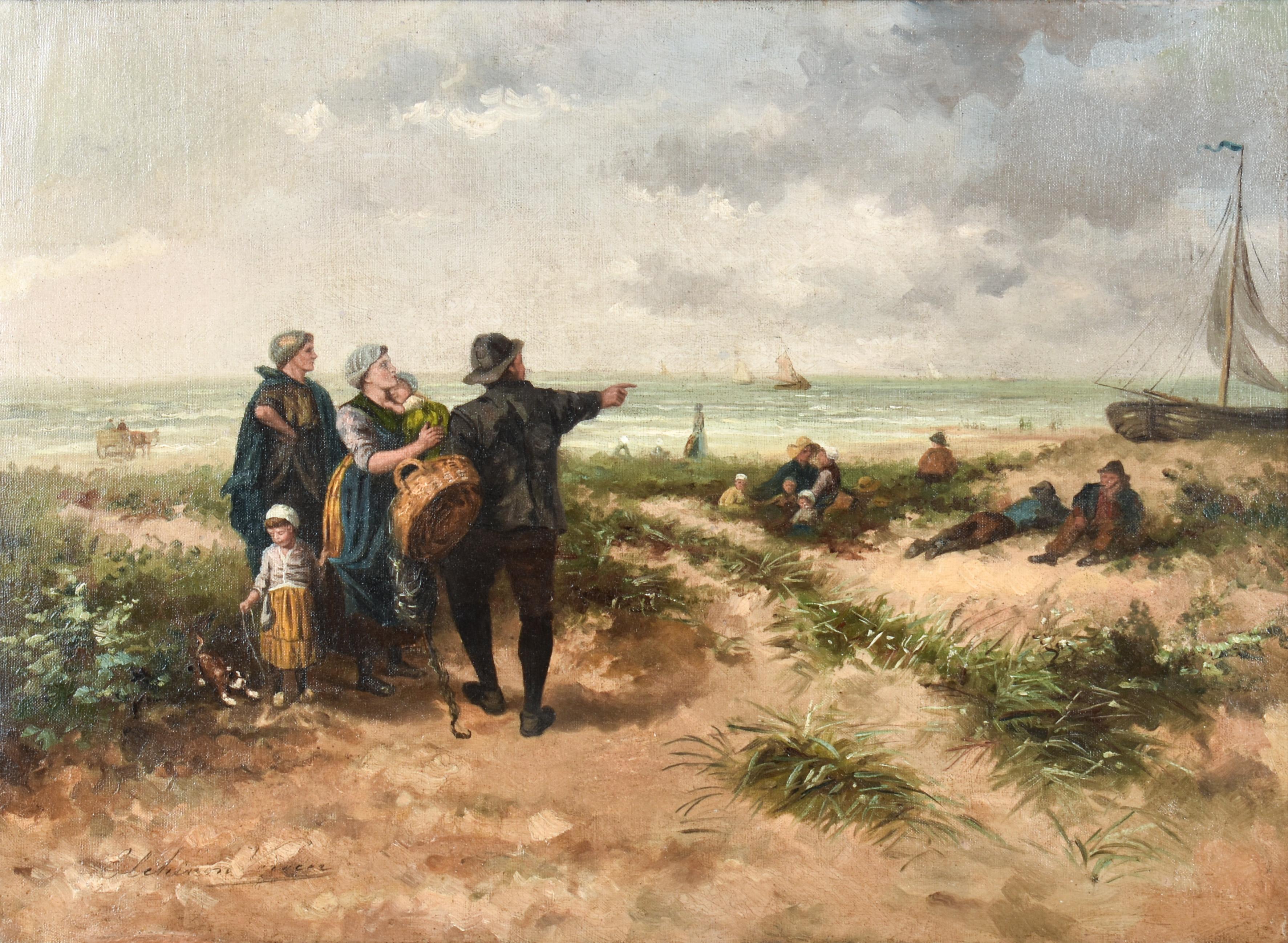 E.L. Verveer Landscape Painting - Dutch Dune landscape with fisherman - Elchanon Verveer - Romantic - Jewish