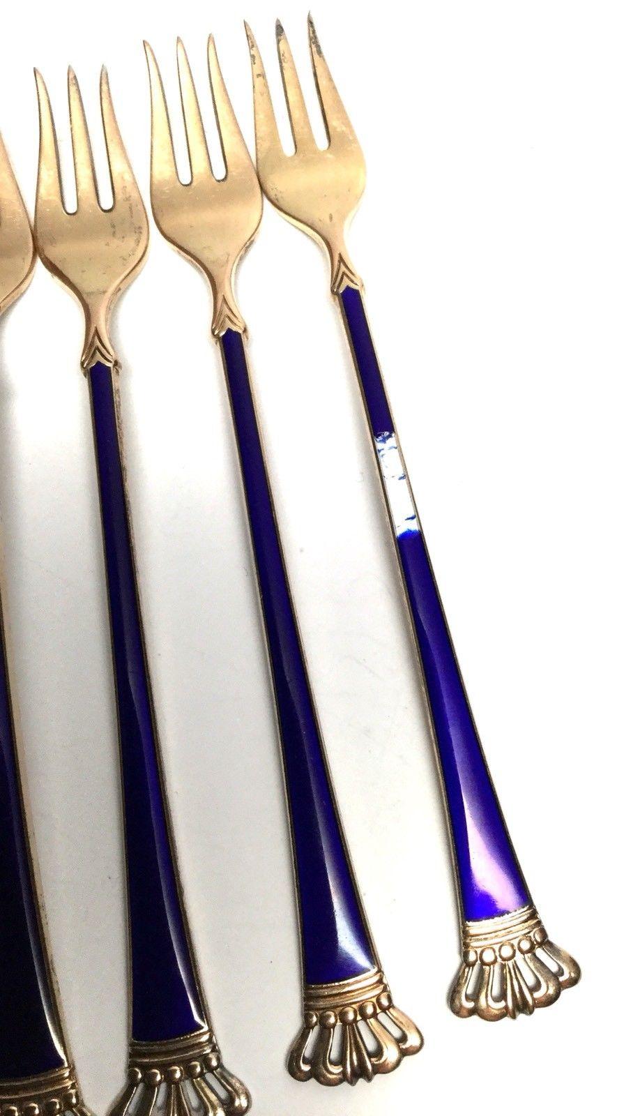 Danish ELA Denmark Sterling Silver Set of 9 Blue Enamel Cocktail Forks