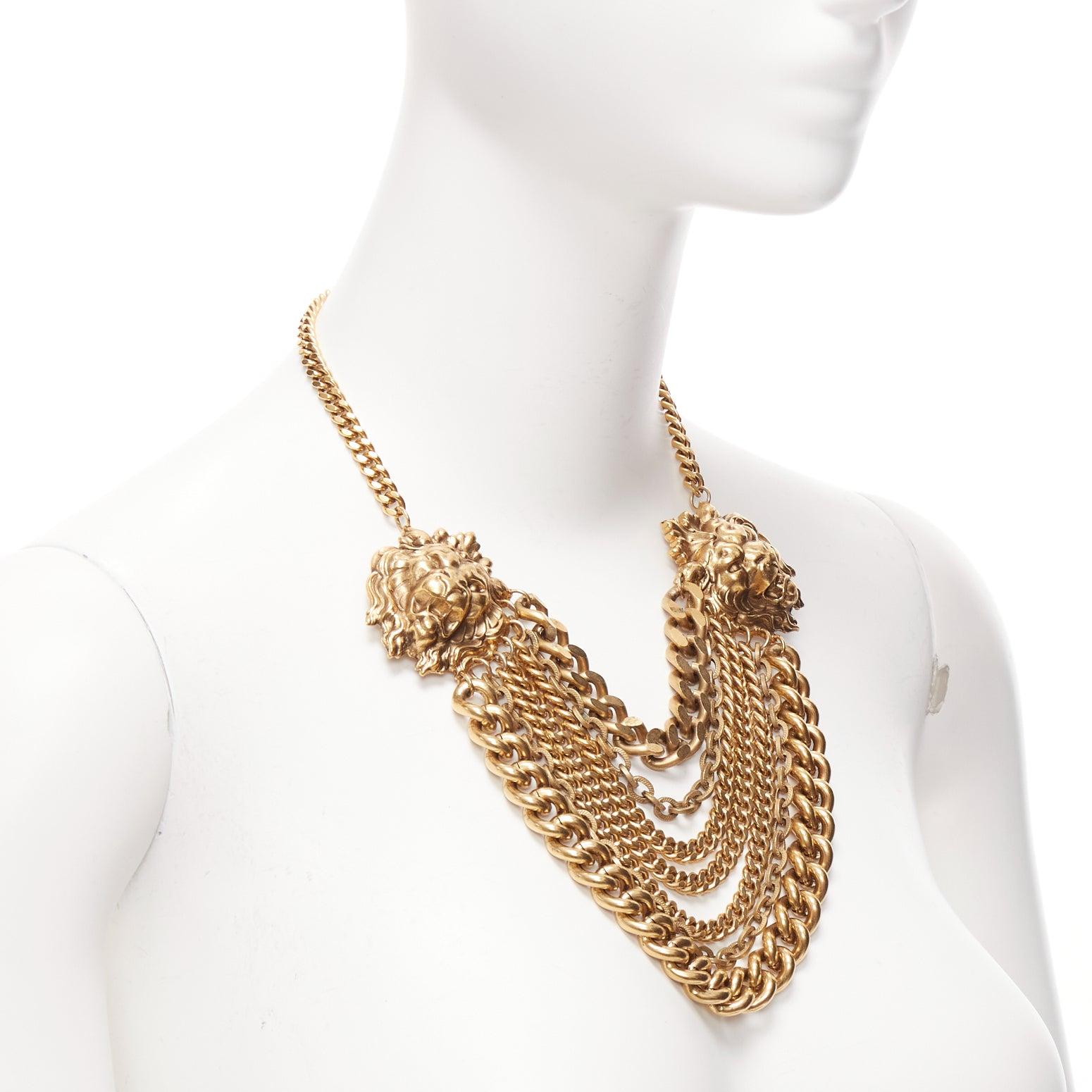 ELA STONE Collier ras du cou à plusieurs chaînes en or ancien à double lion Bon état - En vente à Hong Kong, NT