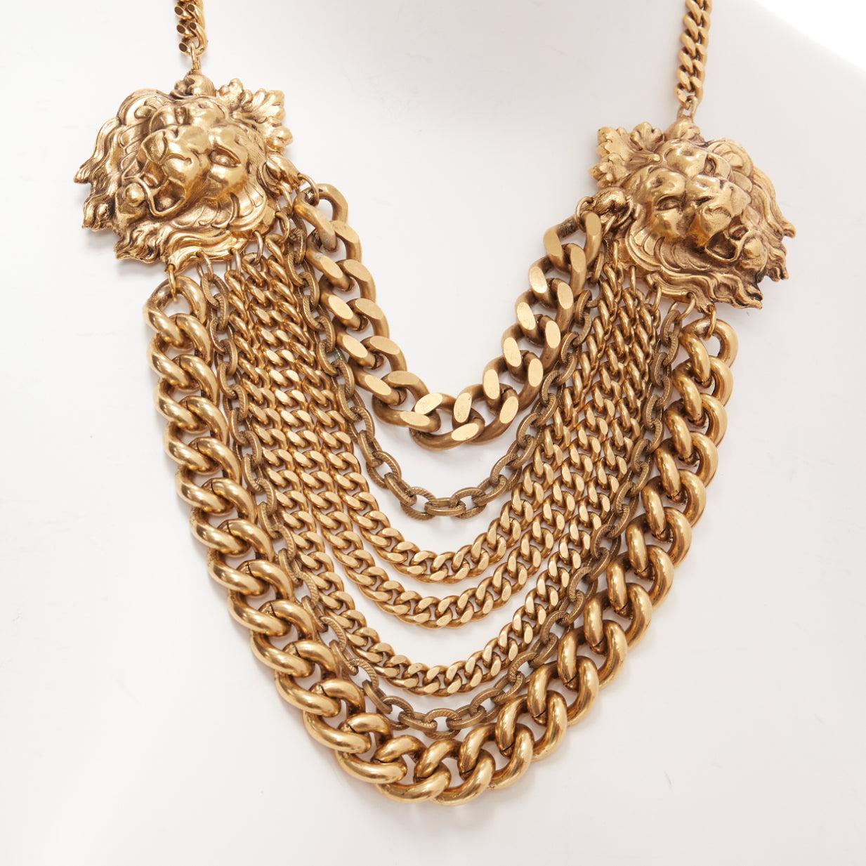 ELA STONE Collier ras du cou à plusieurs chaînes en or ancien à double lion en vente 3