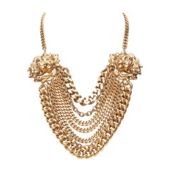 ELA STONE antique gold double lion tiered multi chain choker necklace