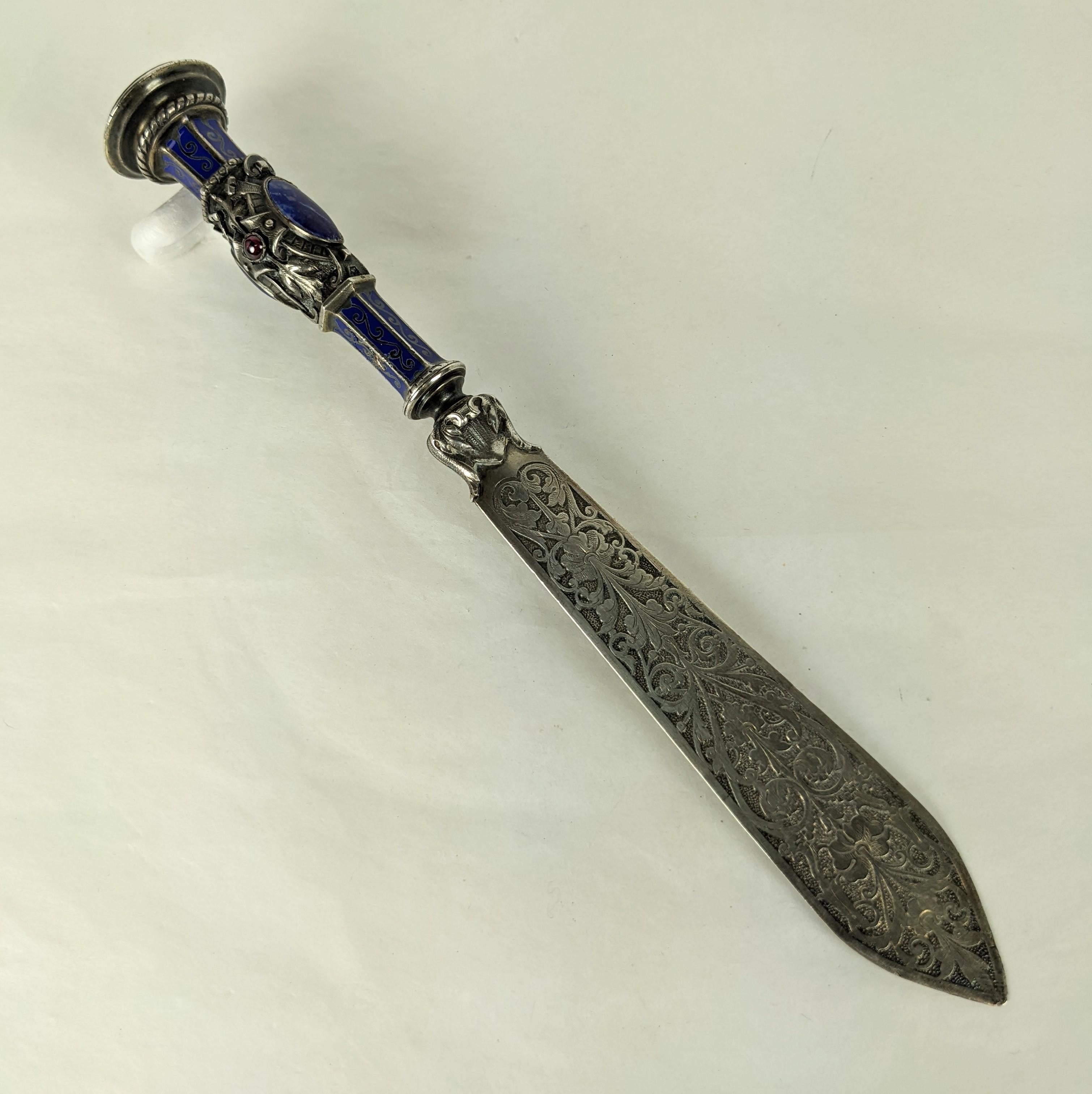 Victorian Elaborate 19th Century French Silver Lapis Letter Opener For Sale