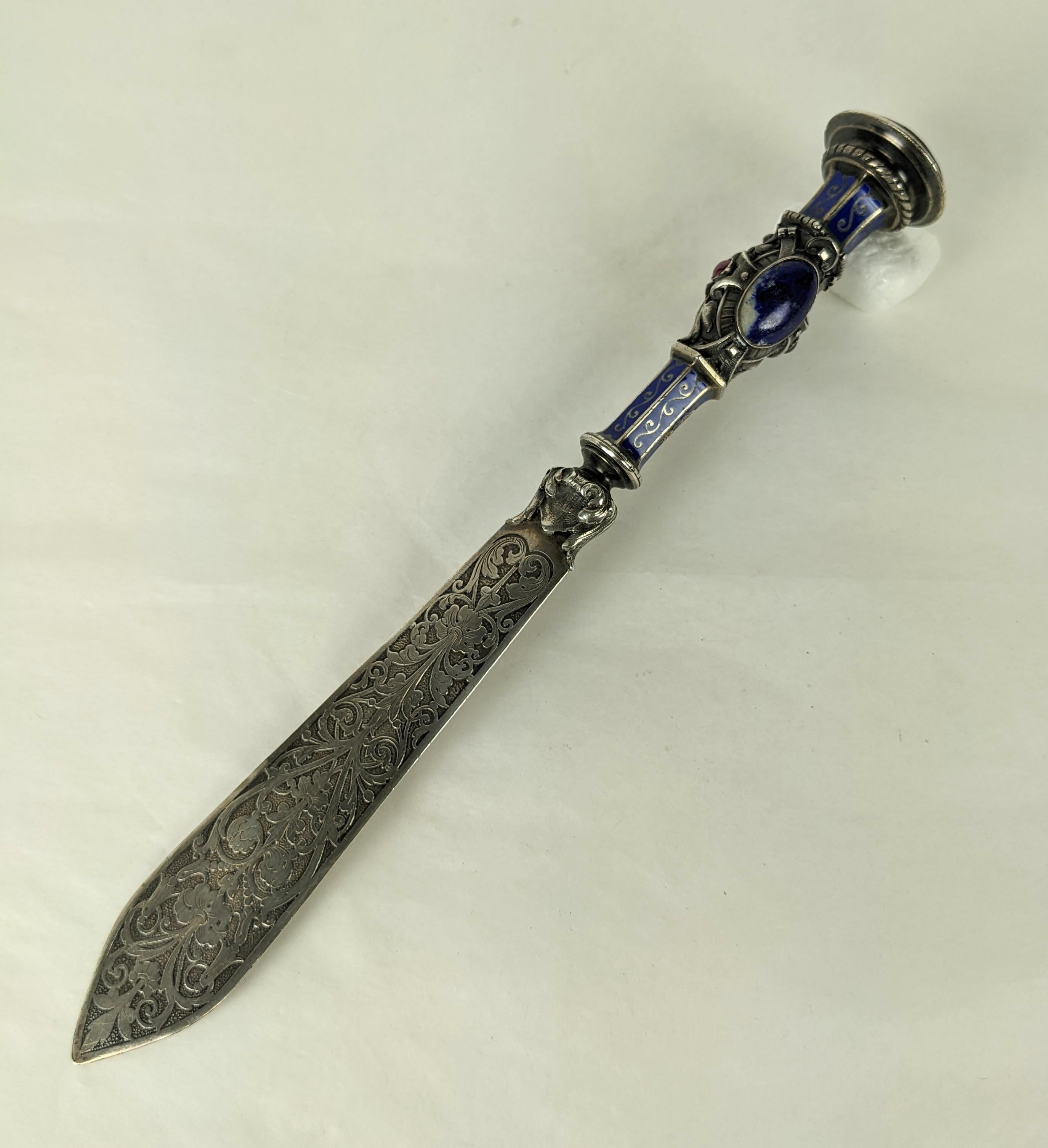 Elaborate 19th Century French Silver Lapis Letter Opener In Good Condition For Sale In Riverdale, NY