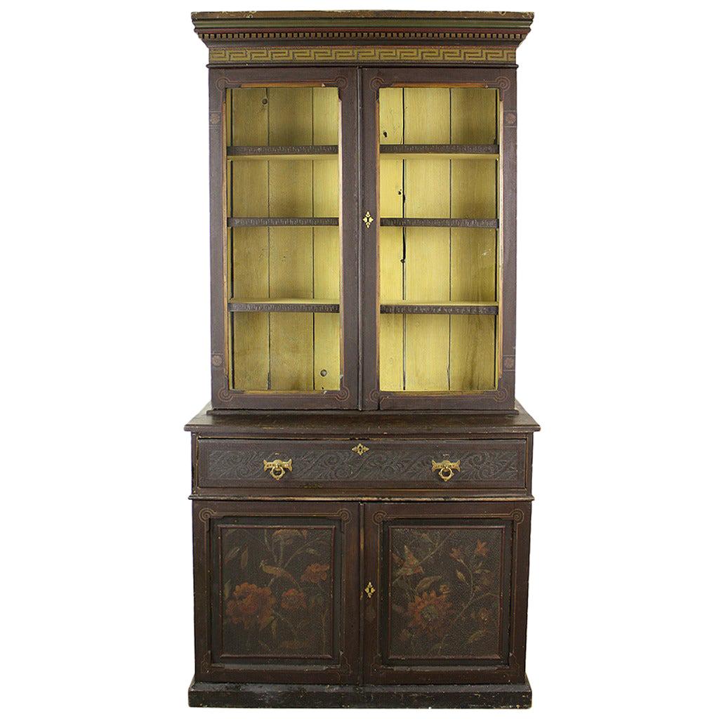 Elaborate Antique English Victorian Painted Bookcase