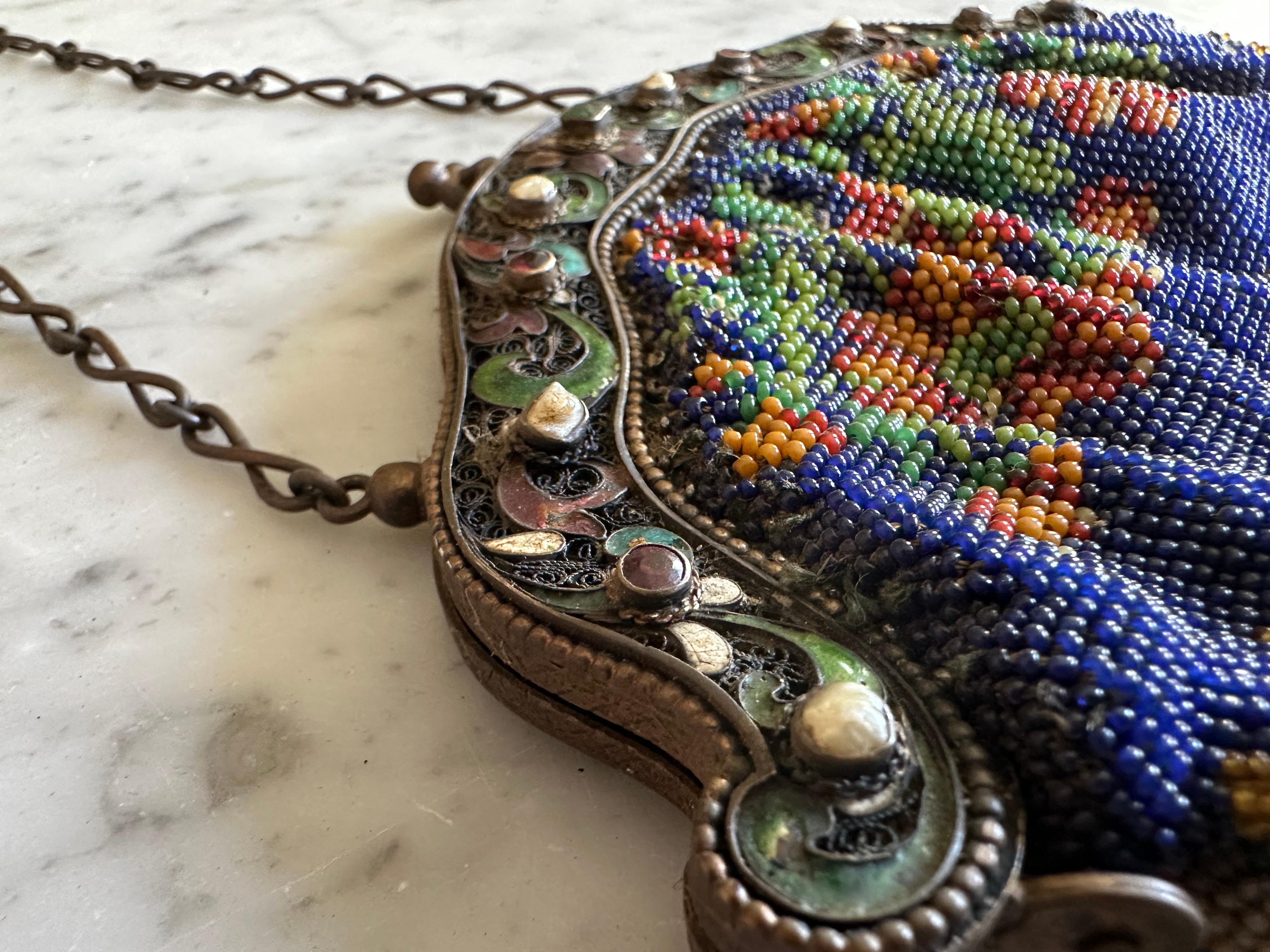 Elaborate Beaded Handbag with Cloisonné-Style Clasp, Historicism circa 1880 For Sale 10