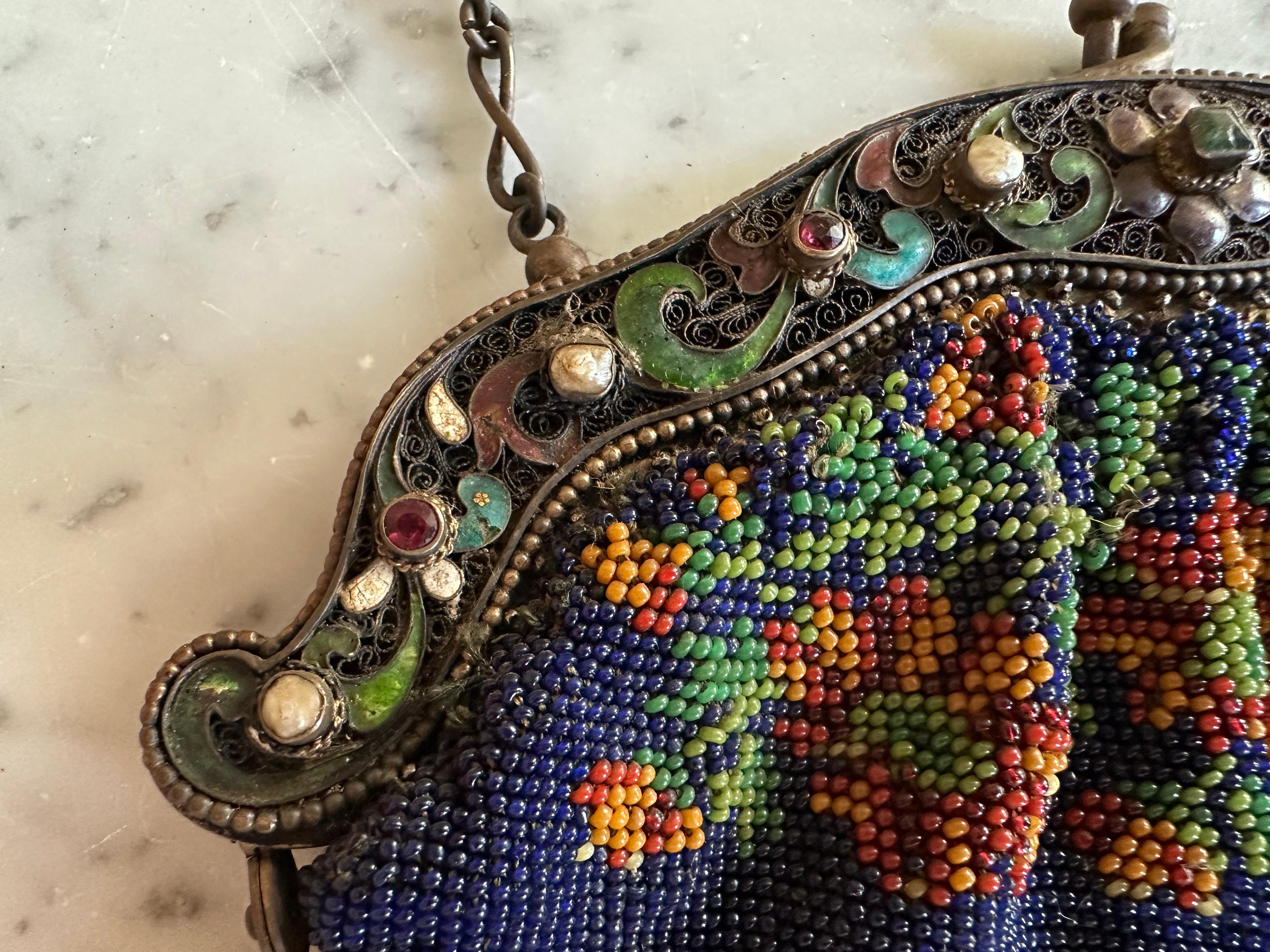 German Elaborate Beaded Handbag with Cloisonné-Style Clasp, Historicism circa 1880 For Sale