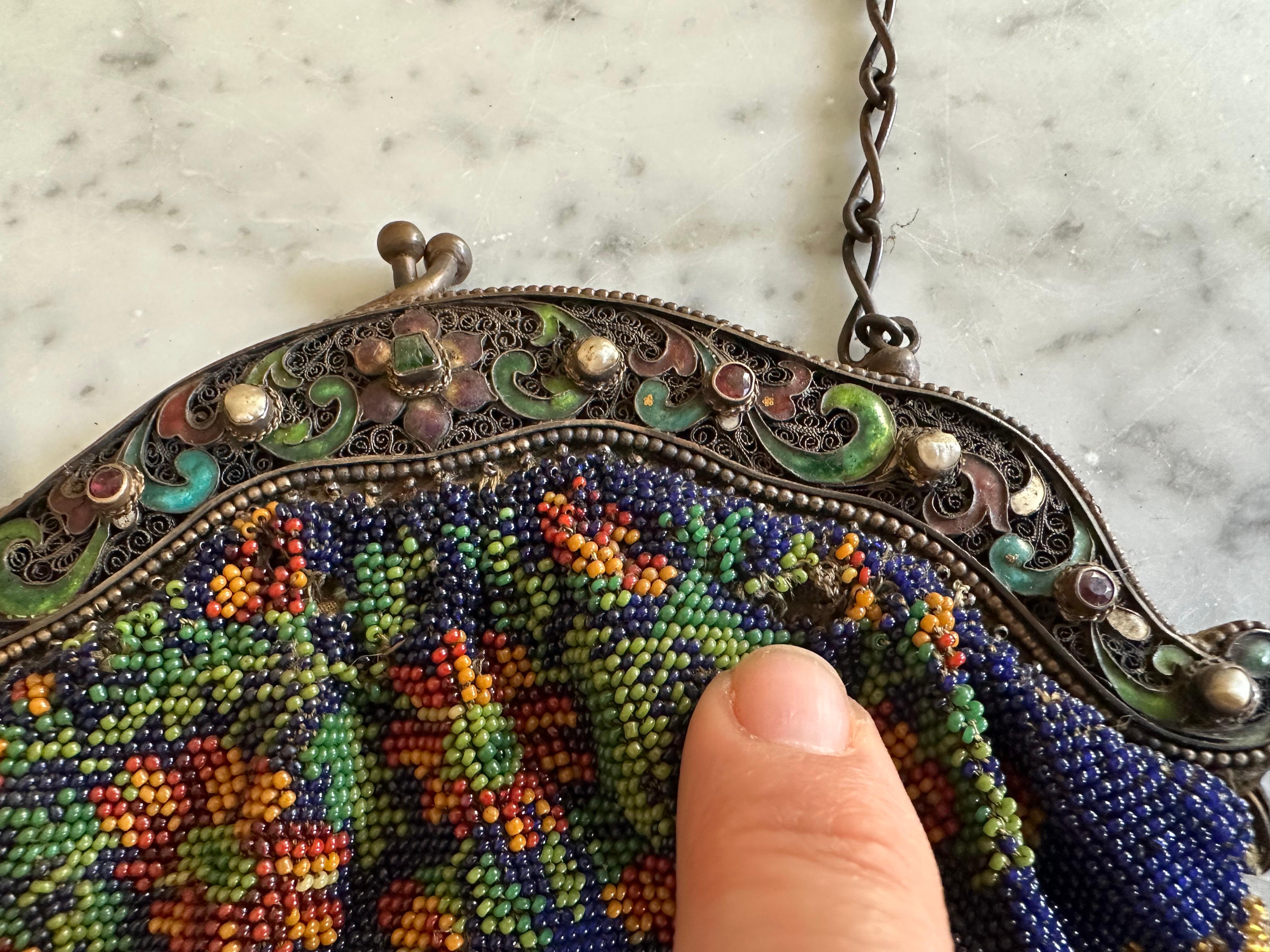 Late 19th Century Elaborate Beaded Handbag with Cloisonné-Style Clasp, Historicism circa 1880 For Sale