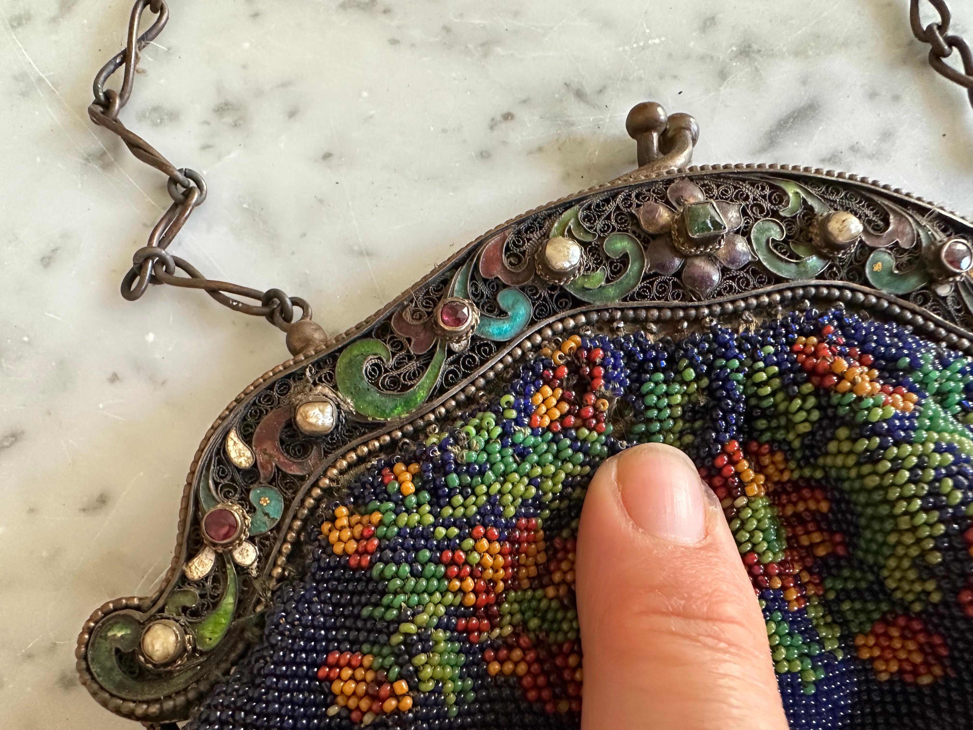 Glass Elaborate Beaded Handbag with Cloisonné-Style Clasp, Historicism circa 1880 For Sale