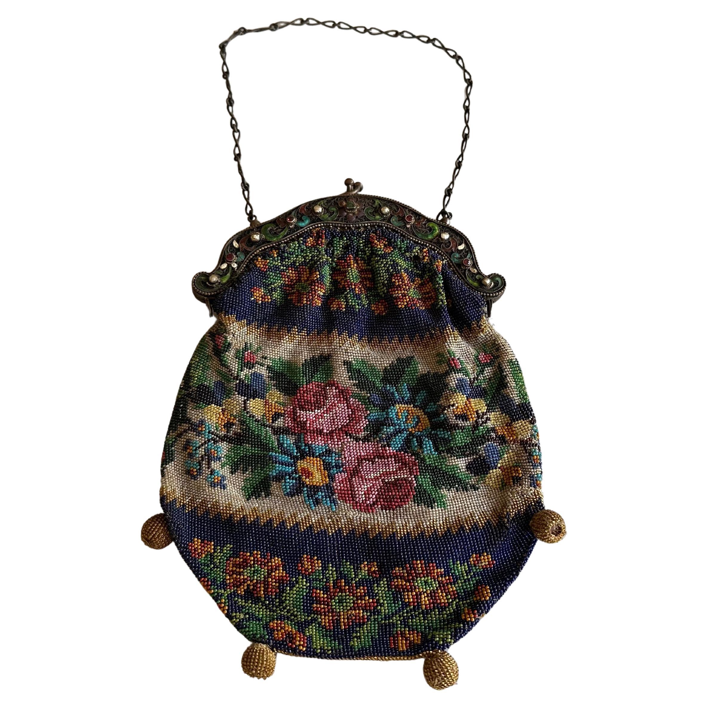 Elaborate Beaded Handbag with Cloisonné-Style Clasp, Historicism circa 1880 For Sale