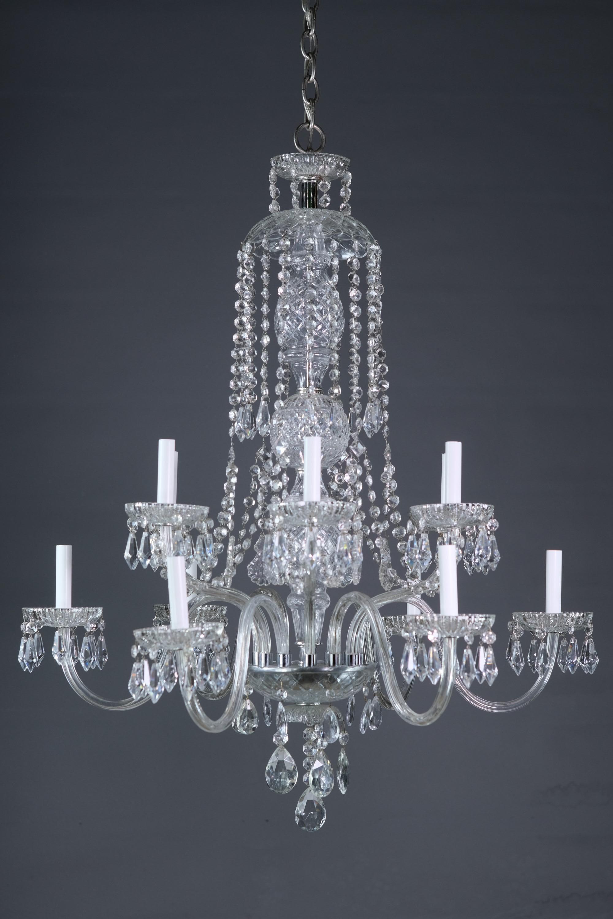 Original to the NYC Plaza Hotel, Beaux Arts crystal chandelier with 10 arms, cut glass bobeches and elaborate quantity of crystals and beads. Cleaned and restored. Small quantity available at time of posting. Please inquire. Priced each. Please