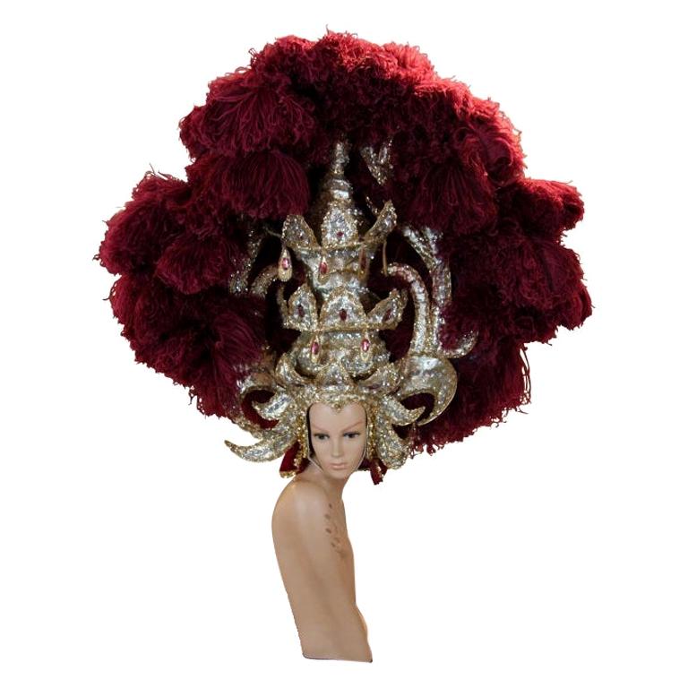 Elaborate Burgundy Red Ostrich Feather and Gold Showgirl Headdress Headpiece