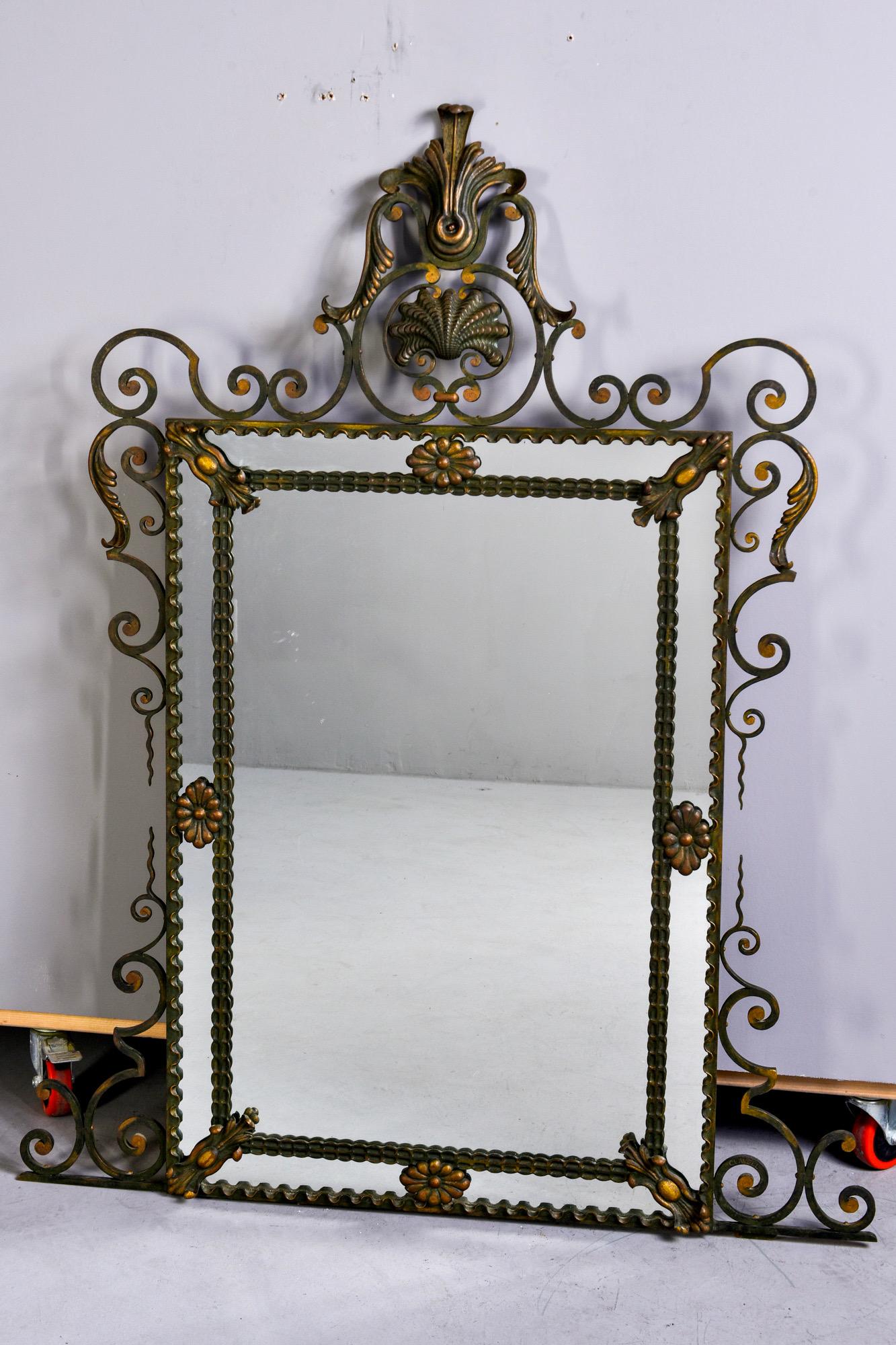 20th Century Elaborate French Iron Framed Mirror with Painted and Gilded Finish