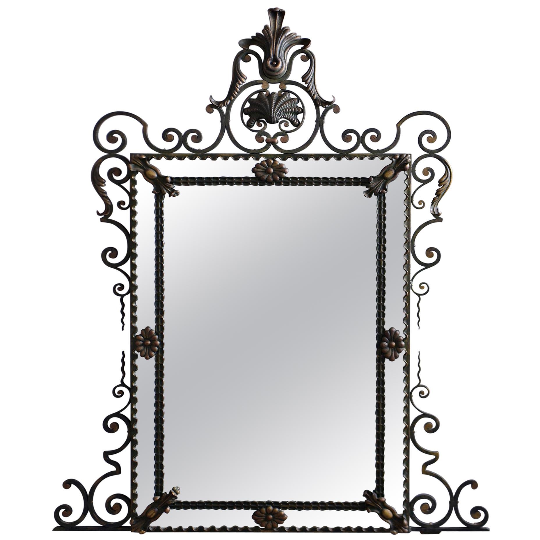 Elaborate French Iron Framed Mirror with Painted and Gilded Finish