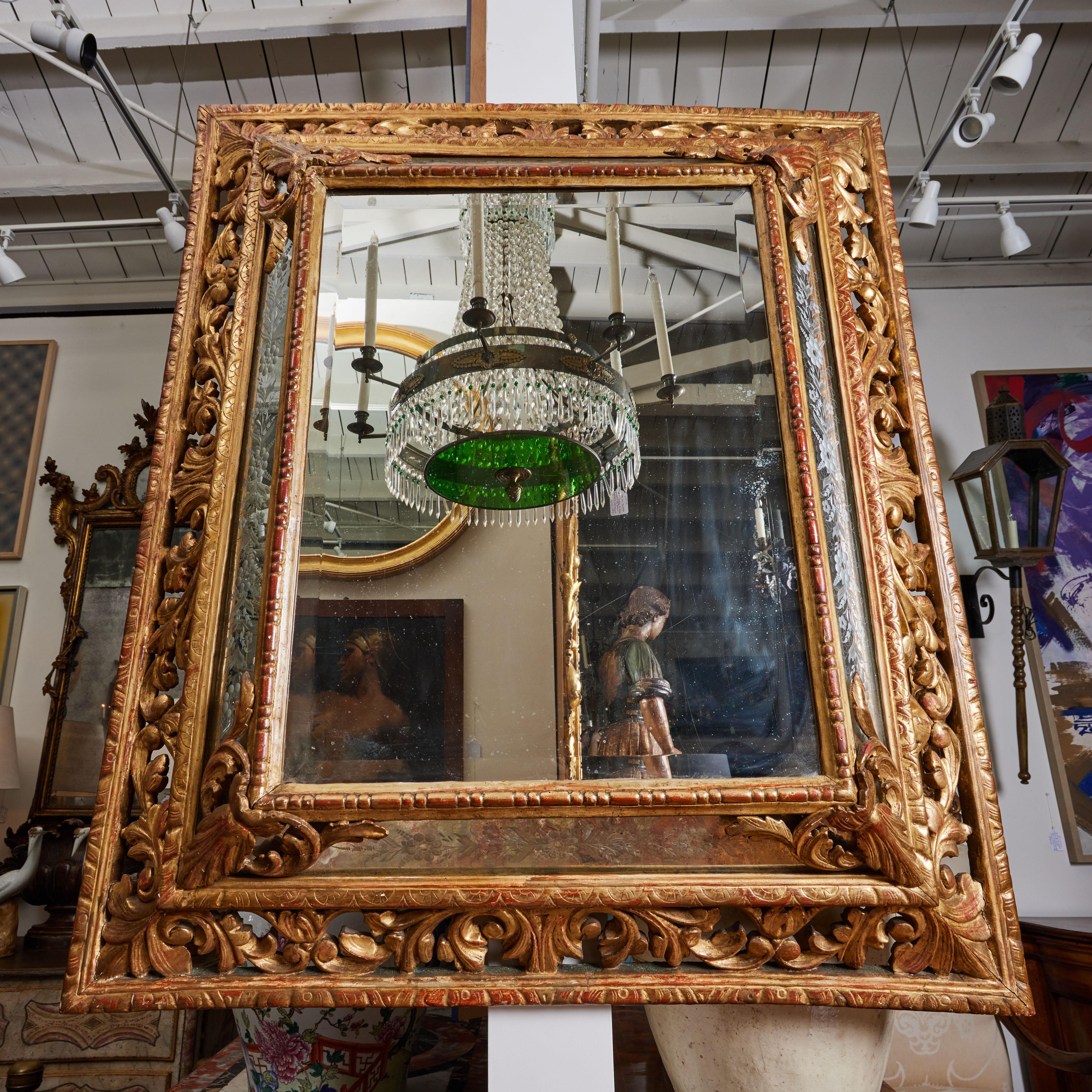 Italian Elaborate Gilded and Etched Stepped Mirror For Sale