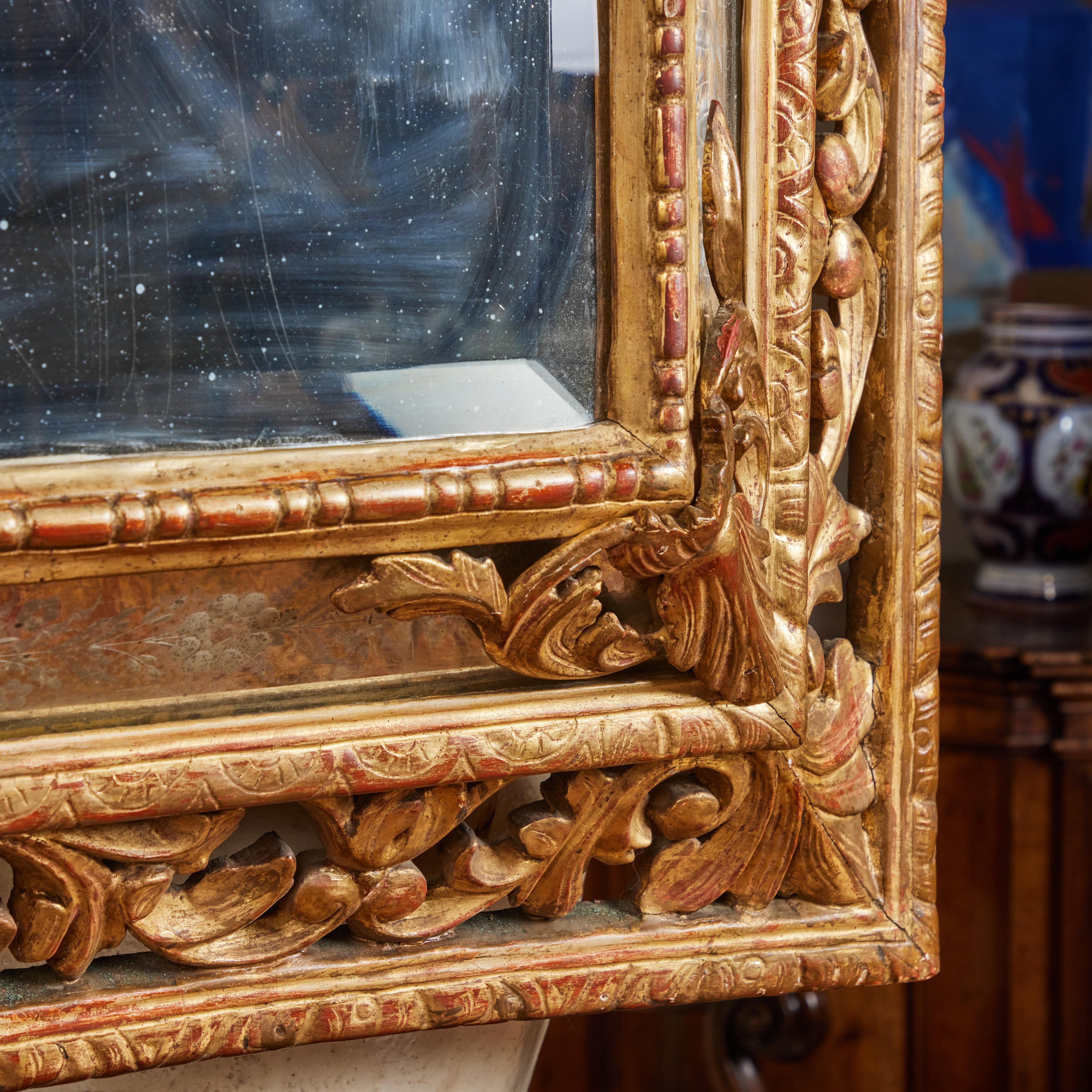 Gesso Elaborate Gilded and Etched Stepped Mirror For Sale