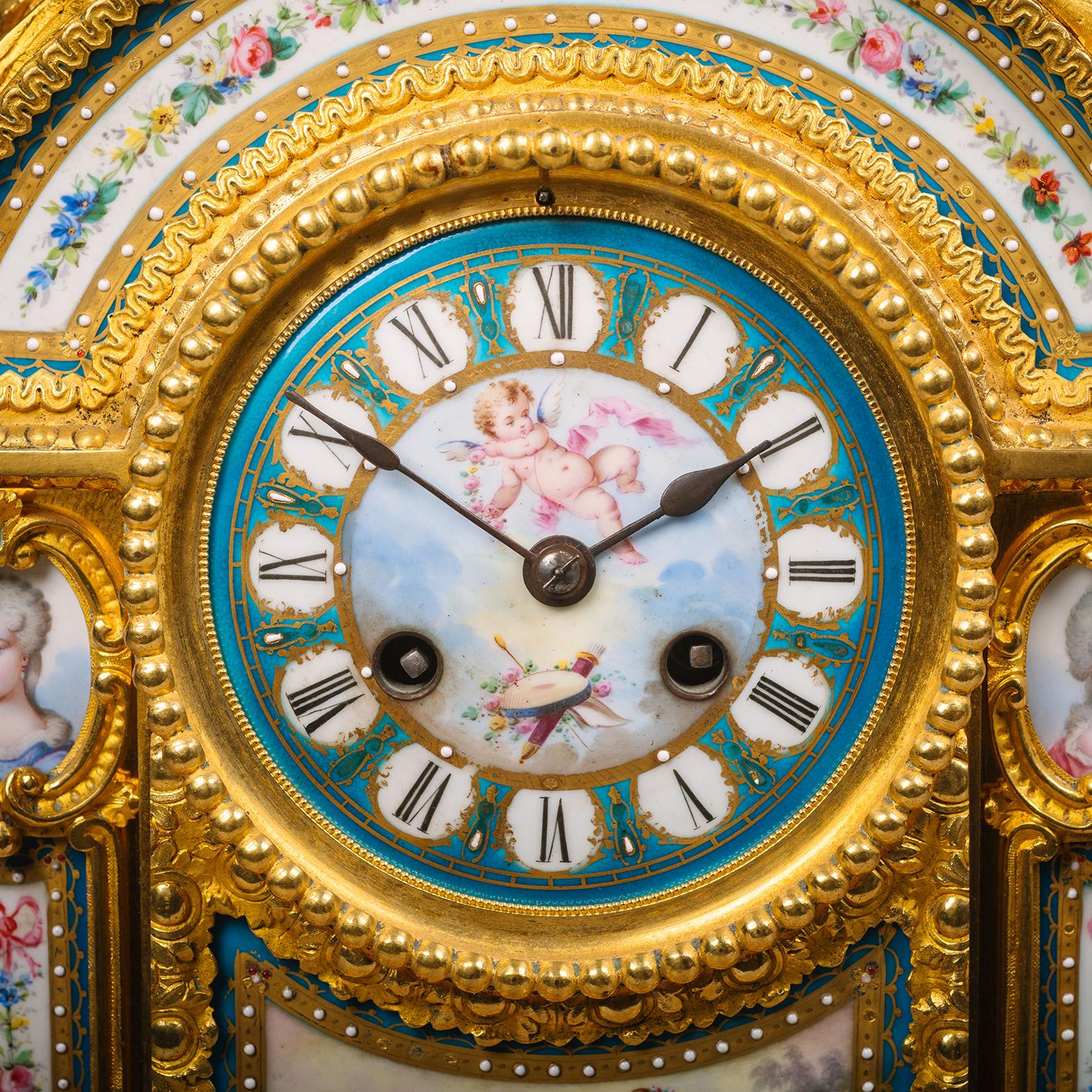 Louis XVI Elaborate Gilt Bronze and Sèvres-style Porcelain Mantel Clock, circa 1870 For Sale