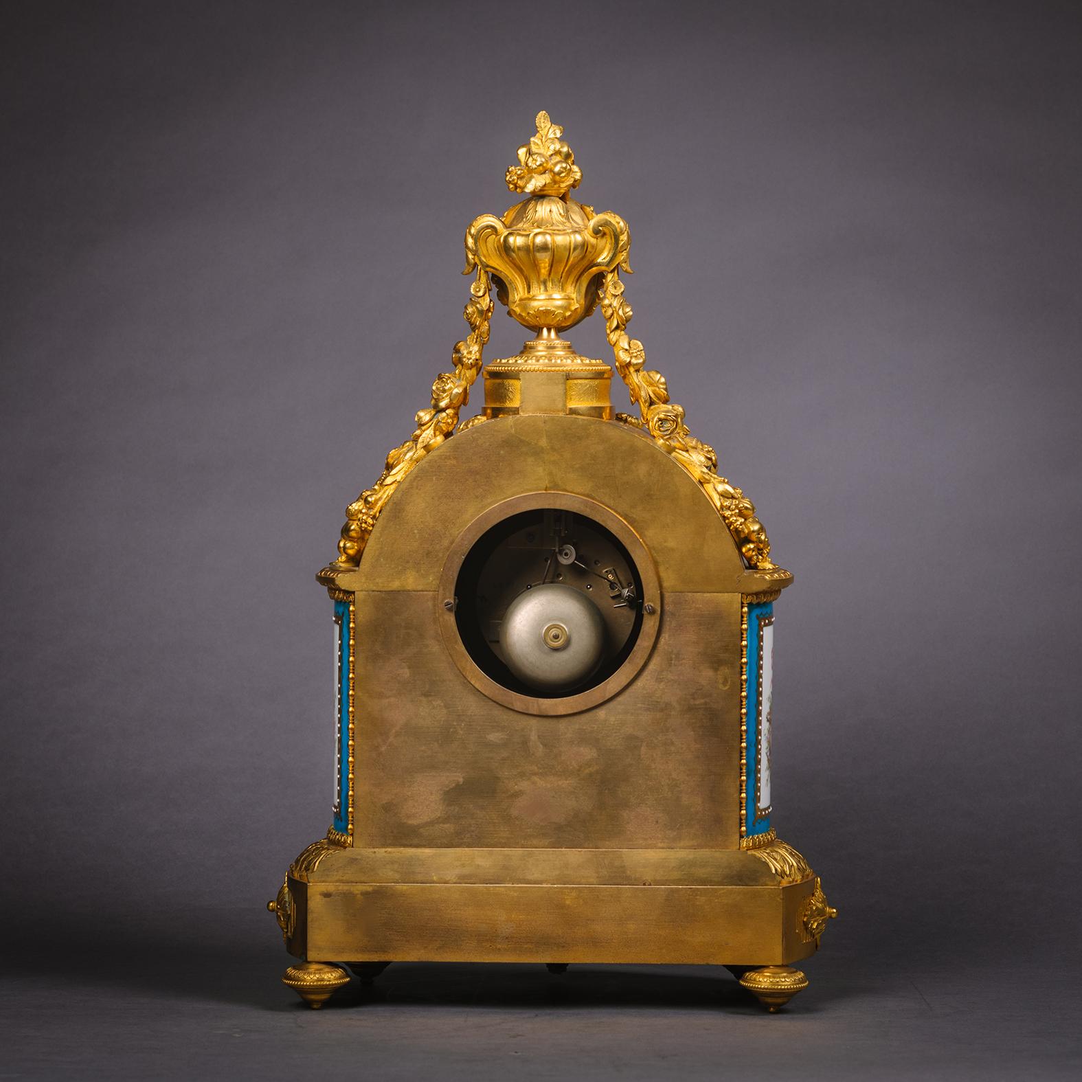 French Elaborate Gilt Bronze and Sèvres-style Porcelain Mantel Clock, circa 1870 For Sale
