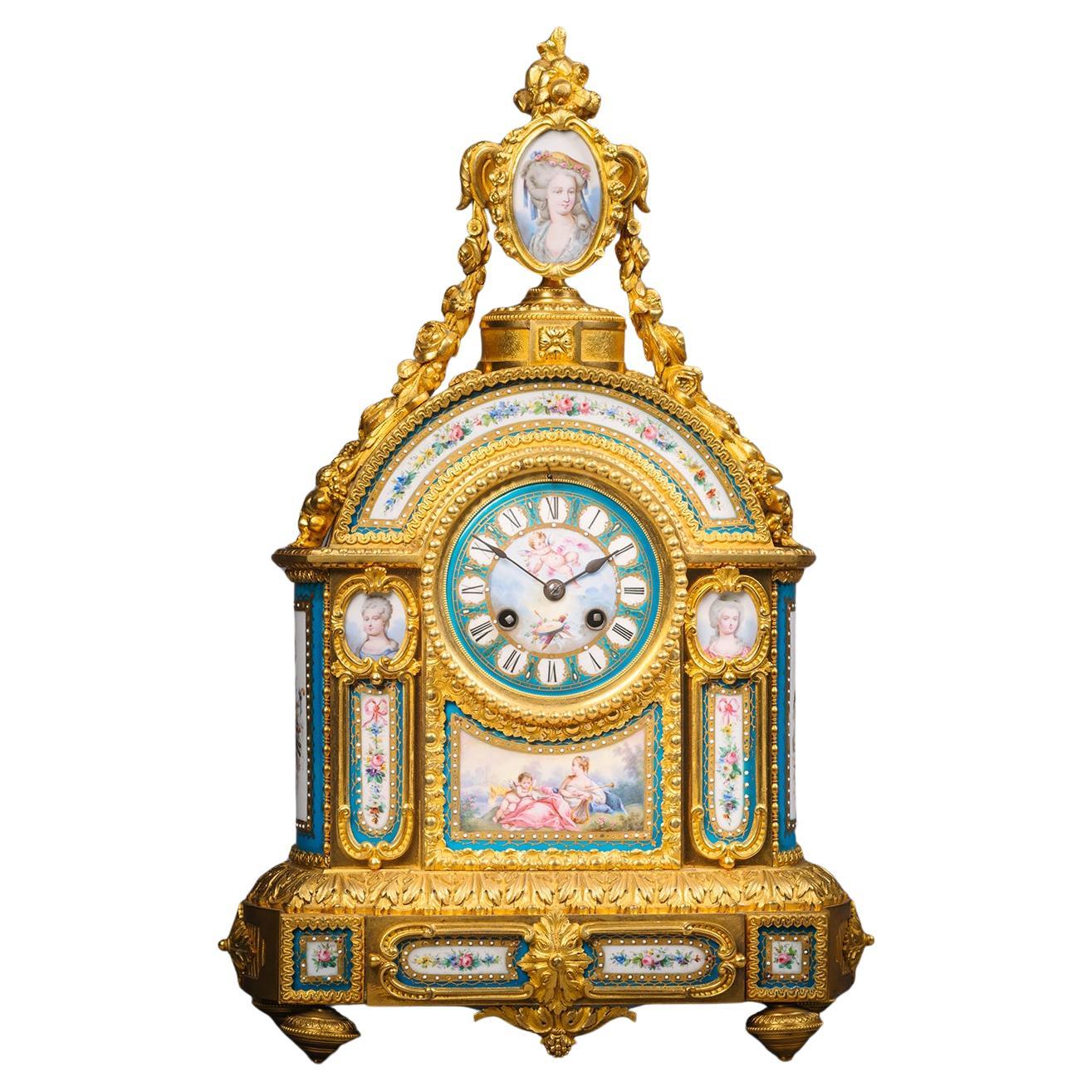 Elaborate Gilt Bronze and Sèvres-style Porcelain Mantel Clock, circa 1870