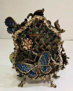Elaborate Jay Strongwater English Garden Jeweled Enamel Fruit Trellis Clock