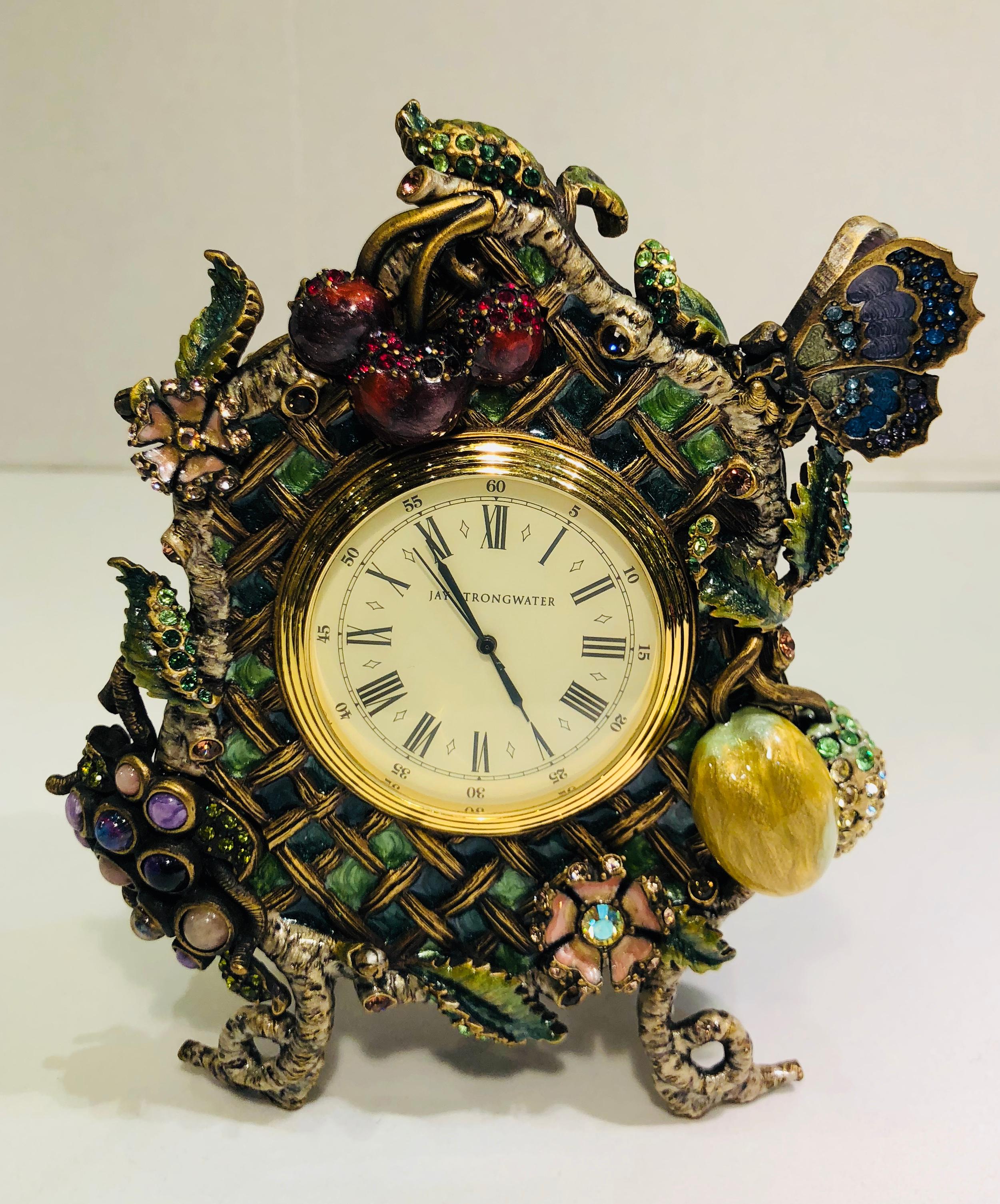 Women's or Men's Elaborate Jay Strongwater English Garden Jeweled Enamel Fruit Trellis Clock 