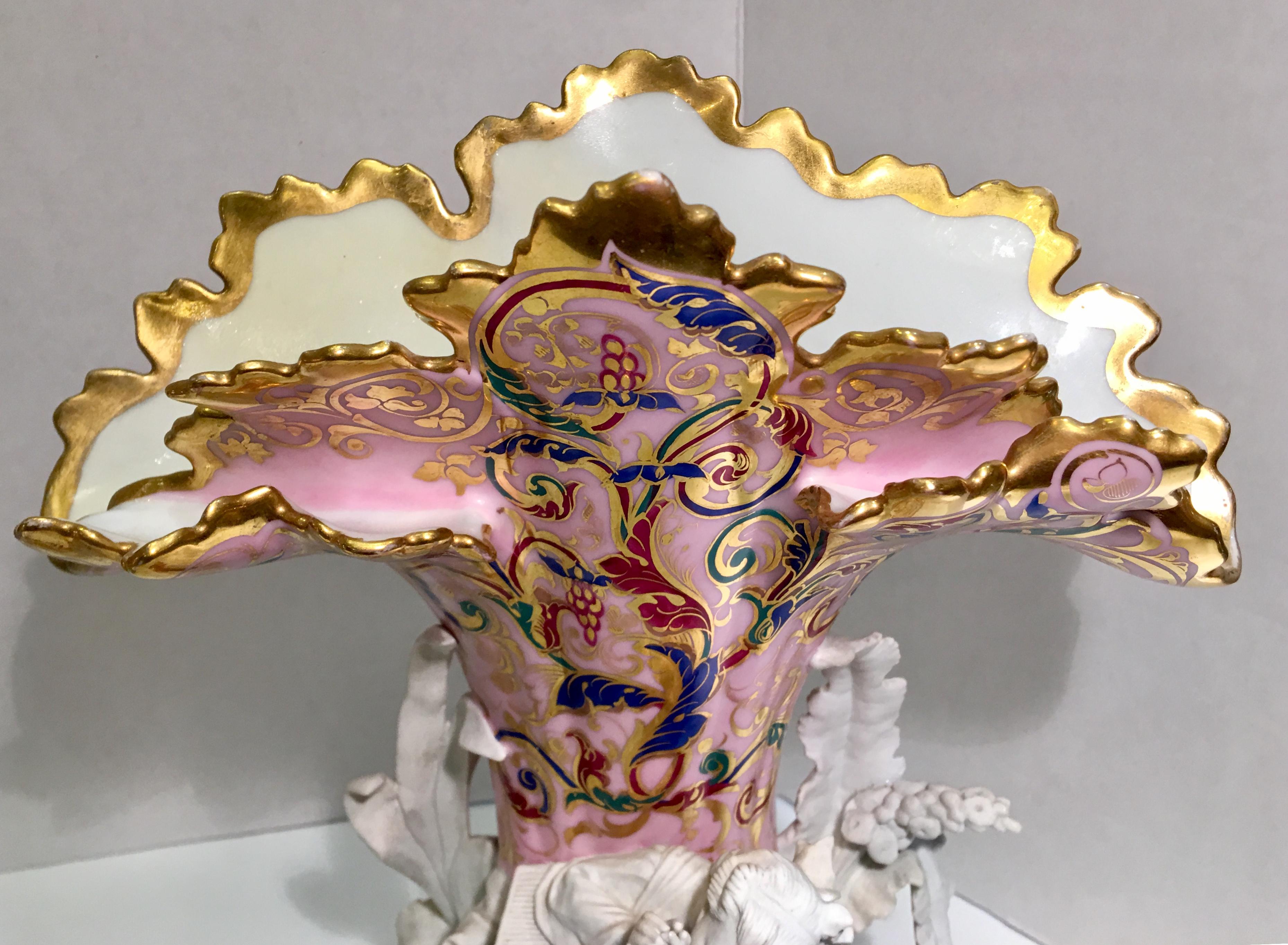 Elaborate Pair of French Old Paris Antique Porcelain and Bisque Rococo Vases In Good Condition For Sale In Tustin, CA