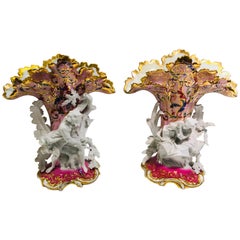 Elaborate Pair of French Old Paris Antique Porcelain and Bisque Rococo Vases