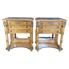 Elaborate Pair ofBurled Walnut Marble Top Neoclassical French Style Night Stands