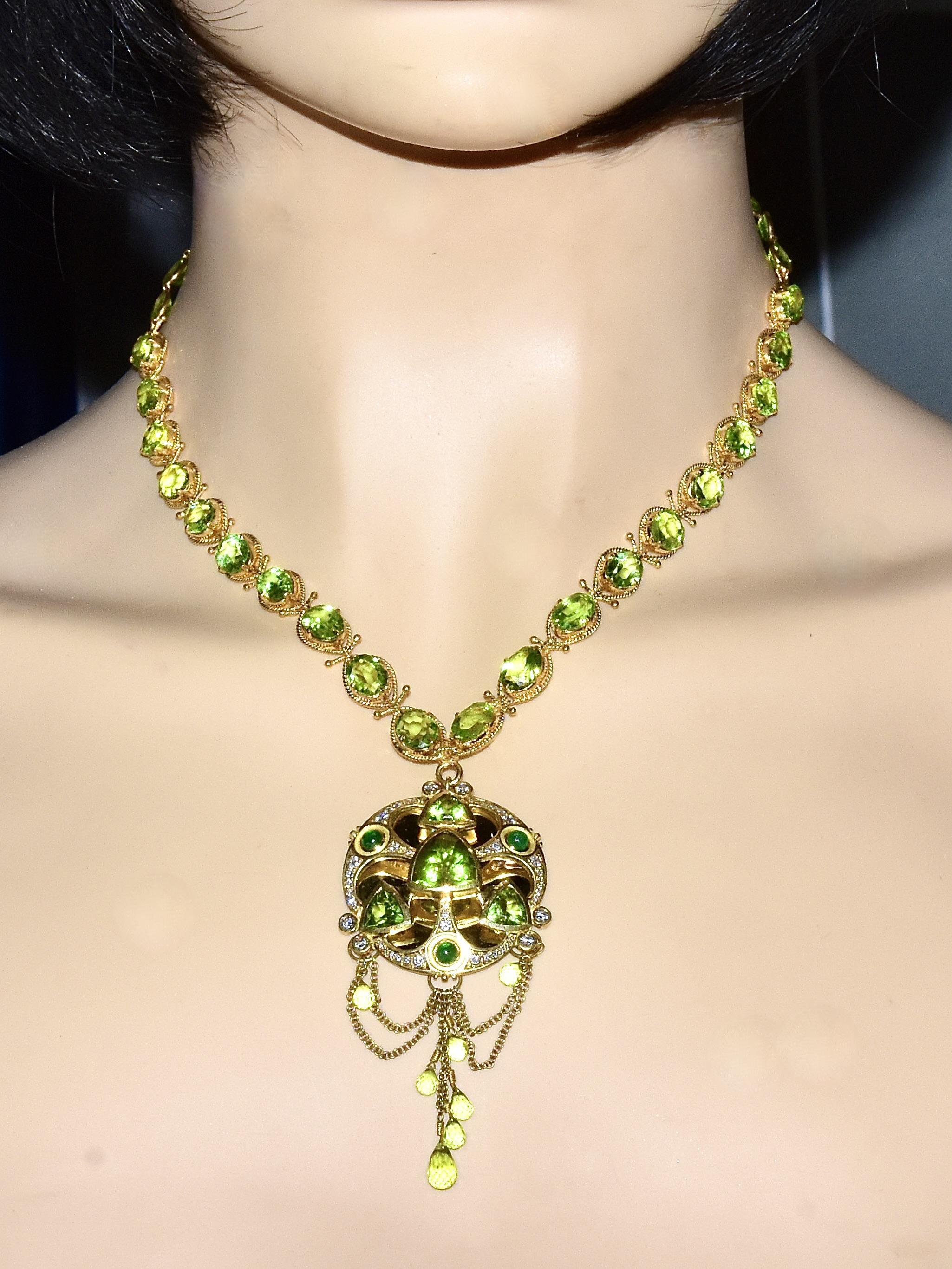 Elaborate Peridot, Emerald & Diamond Gold Pendant Contemporary Necklace & Brooch 3