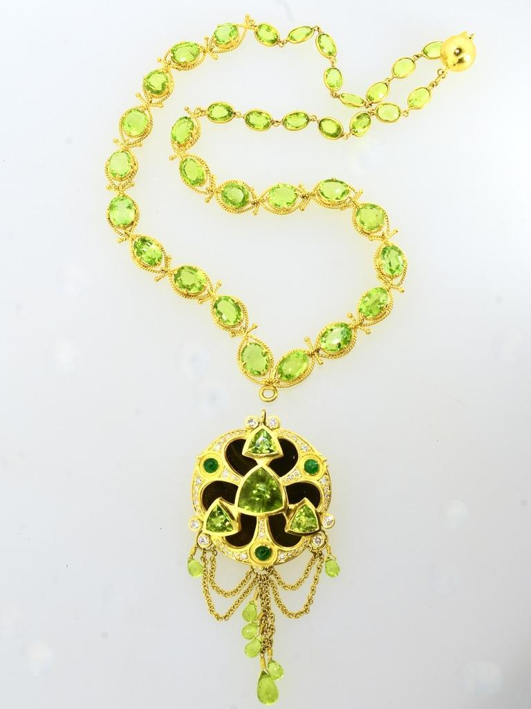 Emerald Cut Elaborate Peridot, Emerald & Diamond Gold Pendant Contemporary Necklace & Brooch