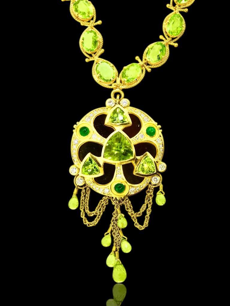 Elaborate Peridot, Emerald & Diamond Gold Pendant Contemporary Necklace & Brooch In Excellent Condition In Aspen, CO