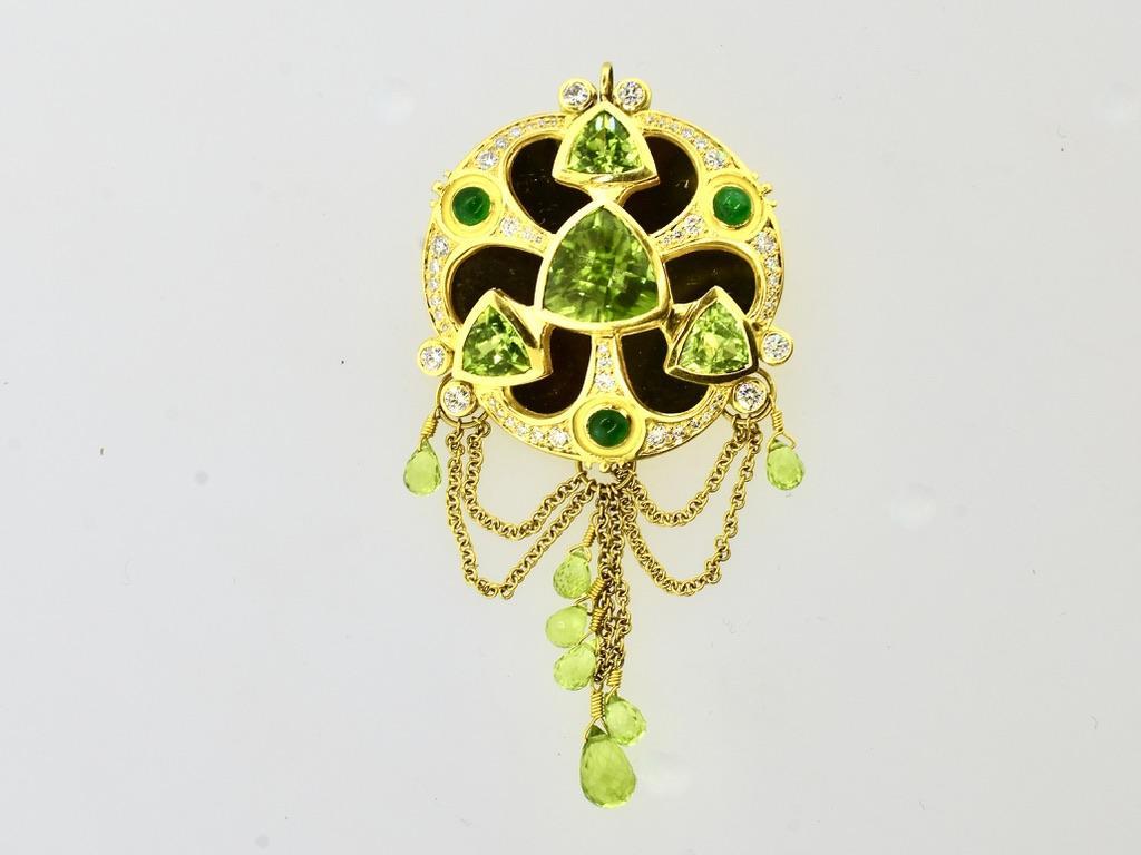 Elaborate Peridot, Emerald & Diamond Gold Pendant Contemporary Necklace & Brooch 1