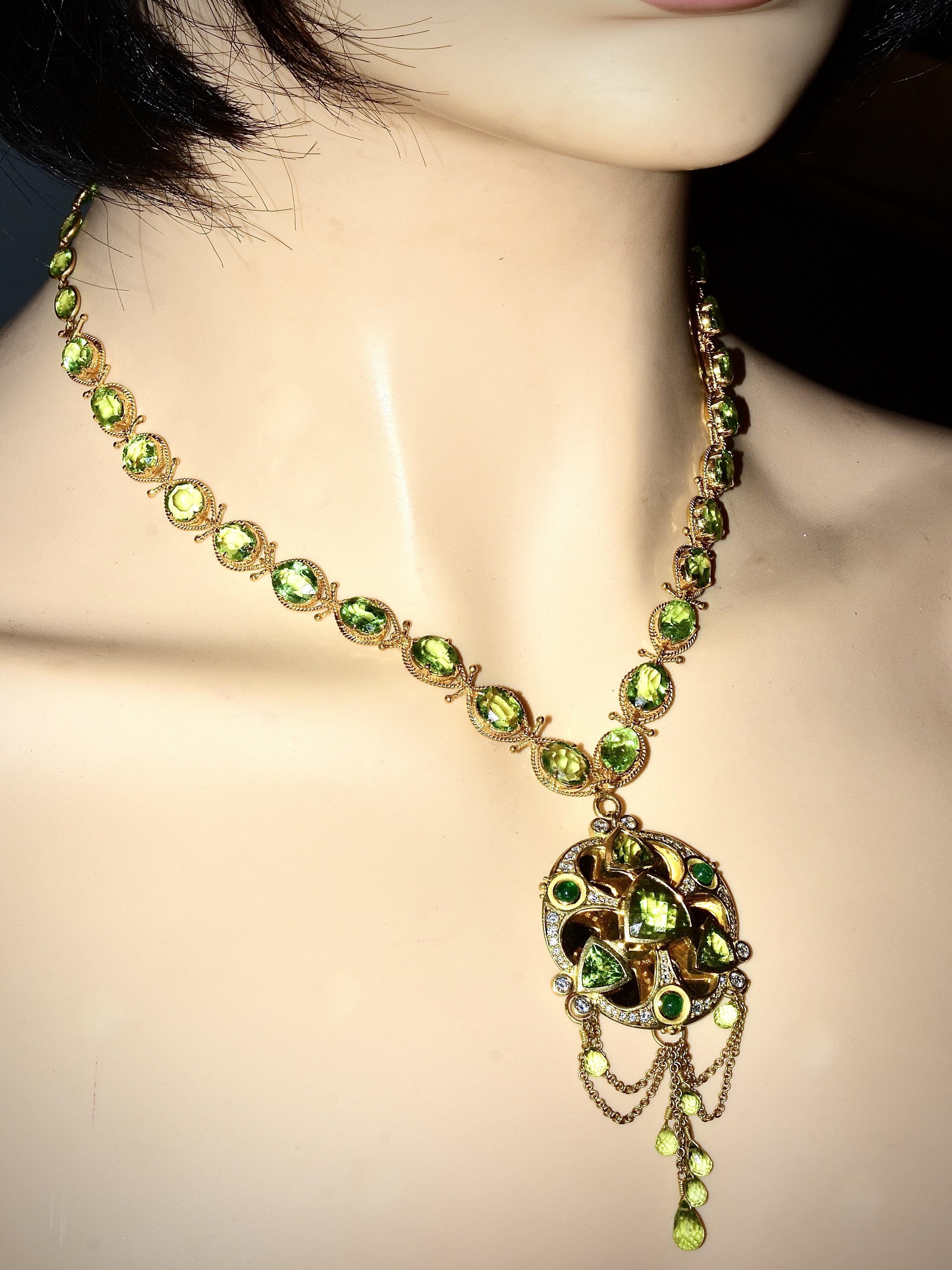 Elaborate Peridot, Emerald & Diamond Gold Pendant Contemporary Necklace & Brooch 4