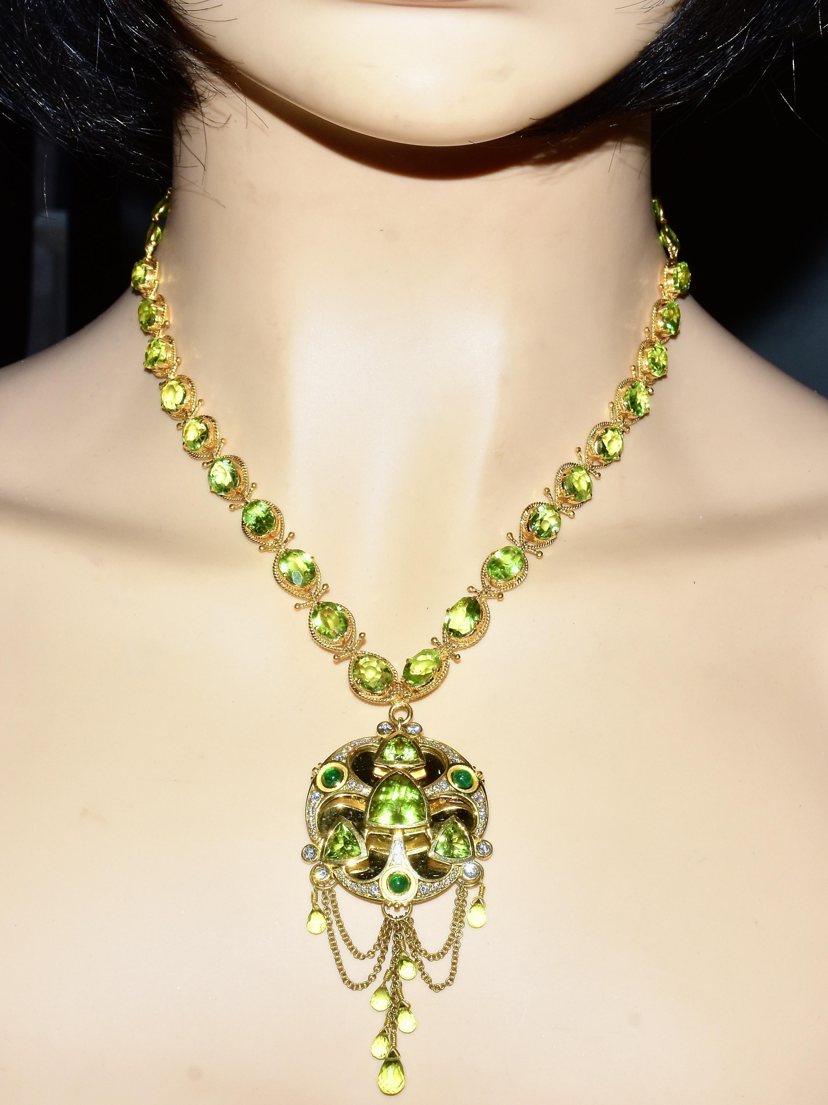 Elaborate Peridot, Emerald & Diamond Gold Pendant Contemporary Necklace & Brooch 5