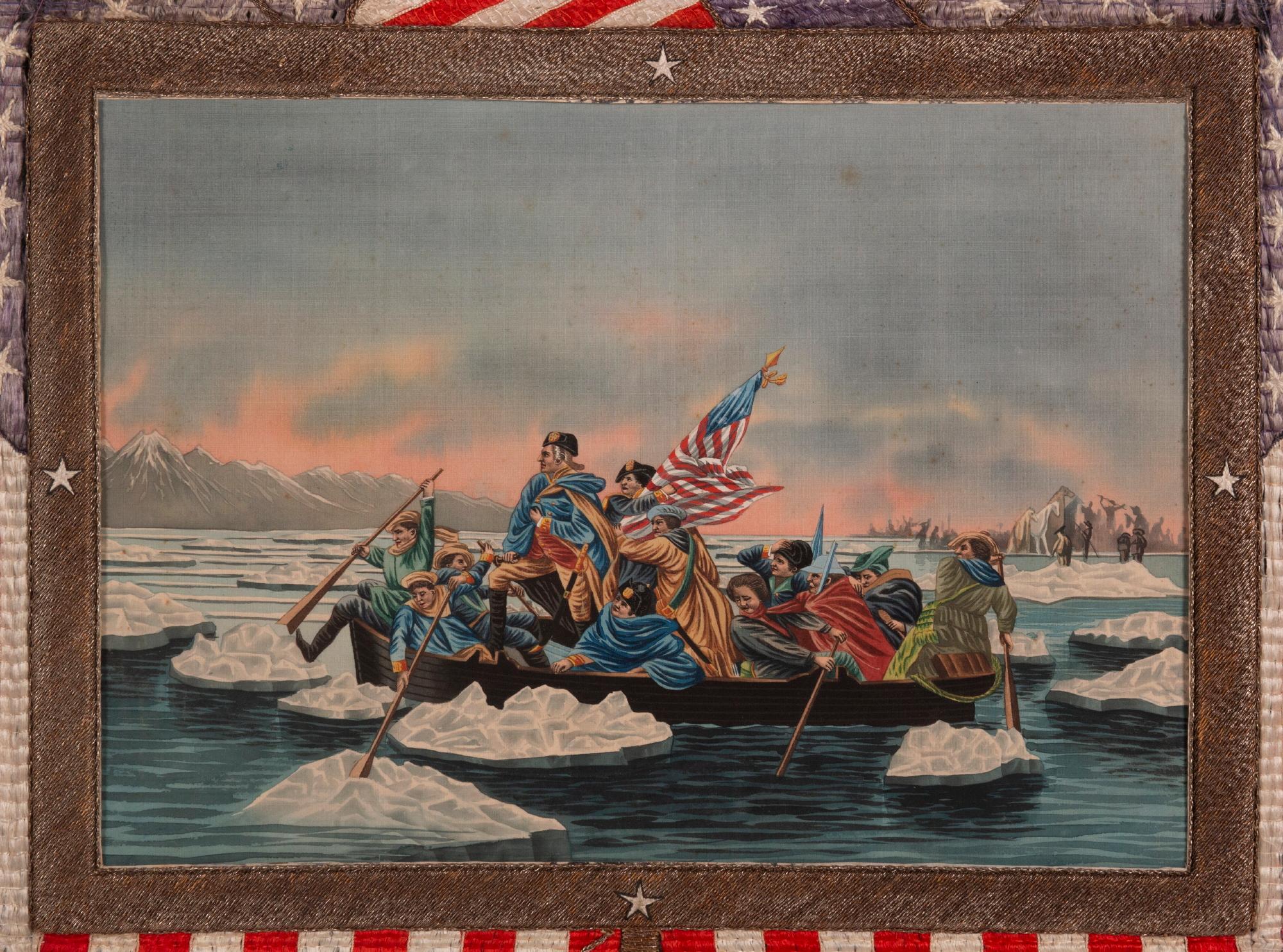 Elaborate sailor’s souvenir embroidery from the orient with a beautiful hand-painted image of Washington crossing the Delaware, surrounded by a large eagle, federal shield, crossed flags, a cannon, cannonballs, and anchor, circa