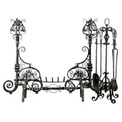 Elaborate Scrolled  Set Of Andirons, Log Holder And Fire Tools