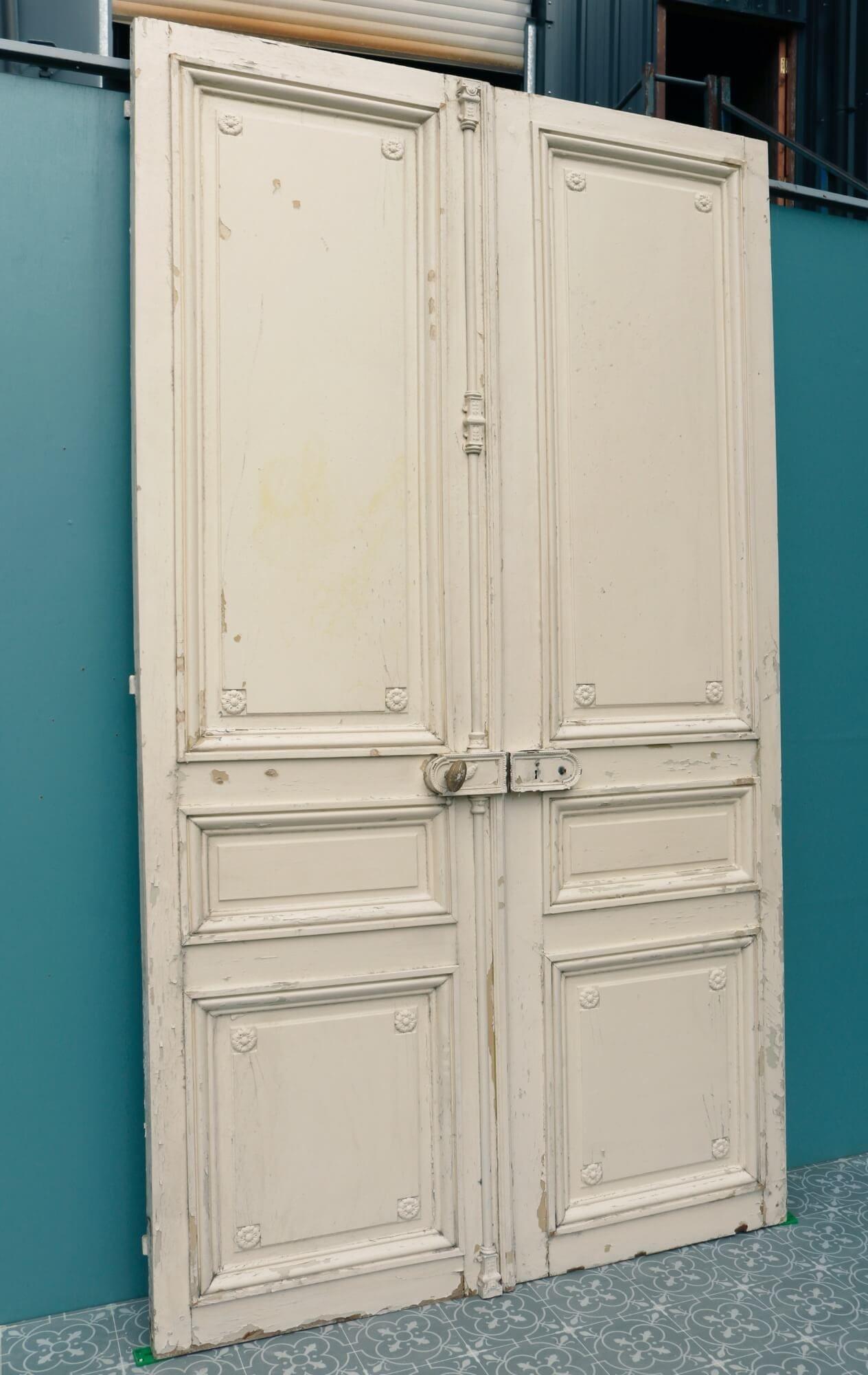 Painted Elaborate Set of Tall Antique Louis XVI Style Double Doors For Sale