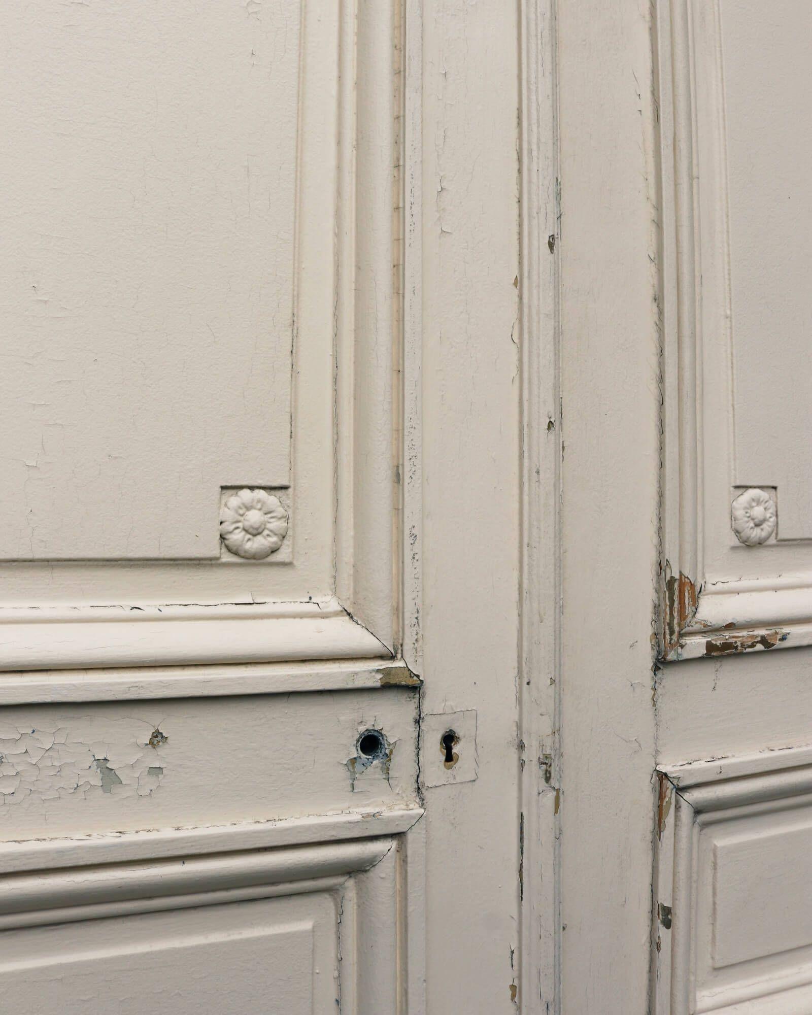 Painted Elaborate Set of Tall Antique Louis XVI Style Double Doors For Sale