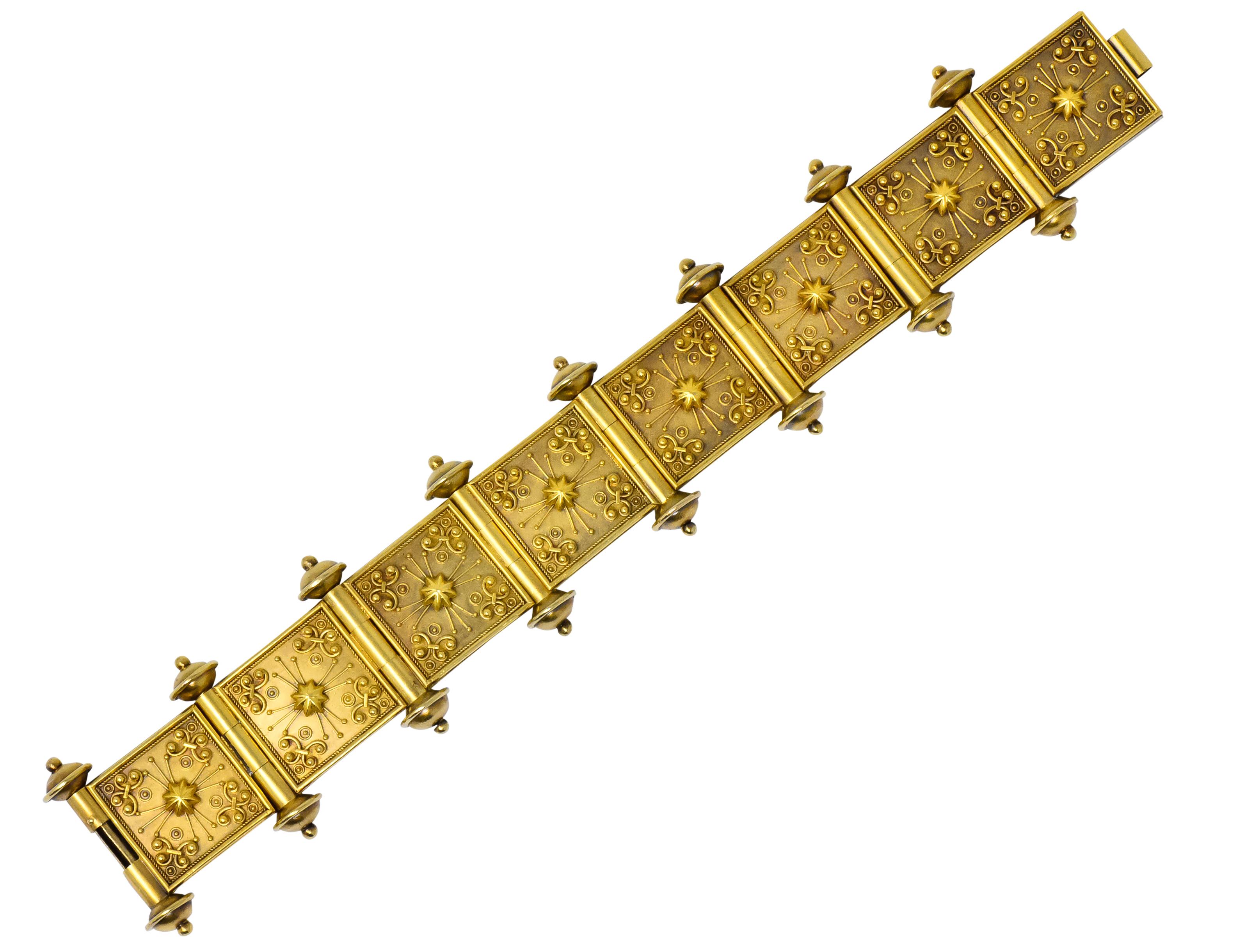 Custom fitted square form links

Each with a starburst motif, with applied polished and twisted gold wire, and gold bead detail

Spacer links with gold bead terminals

Concealed plunge clasp

Circa 1880

Tested as 14 karat gold

Length: 7 1/4