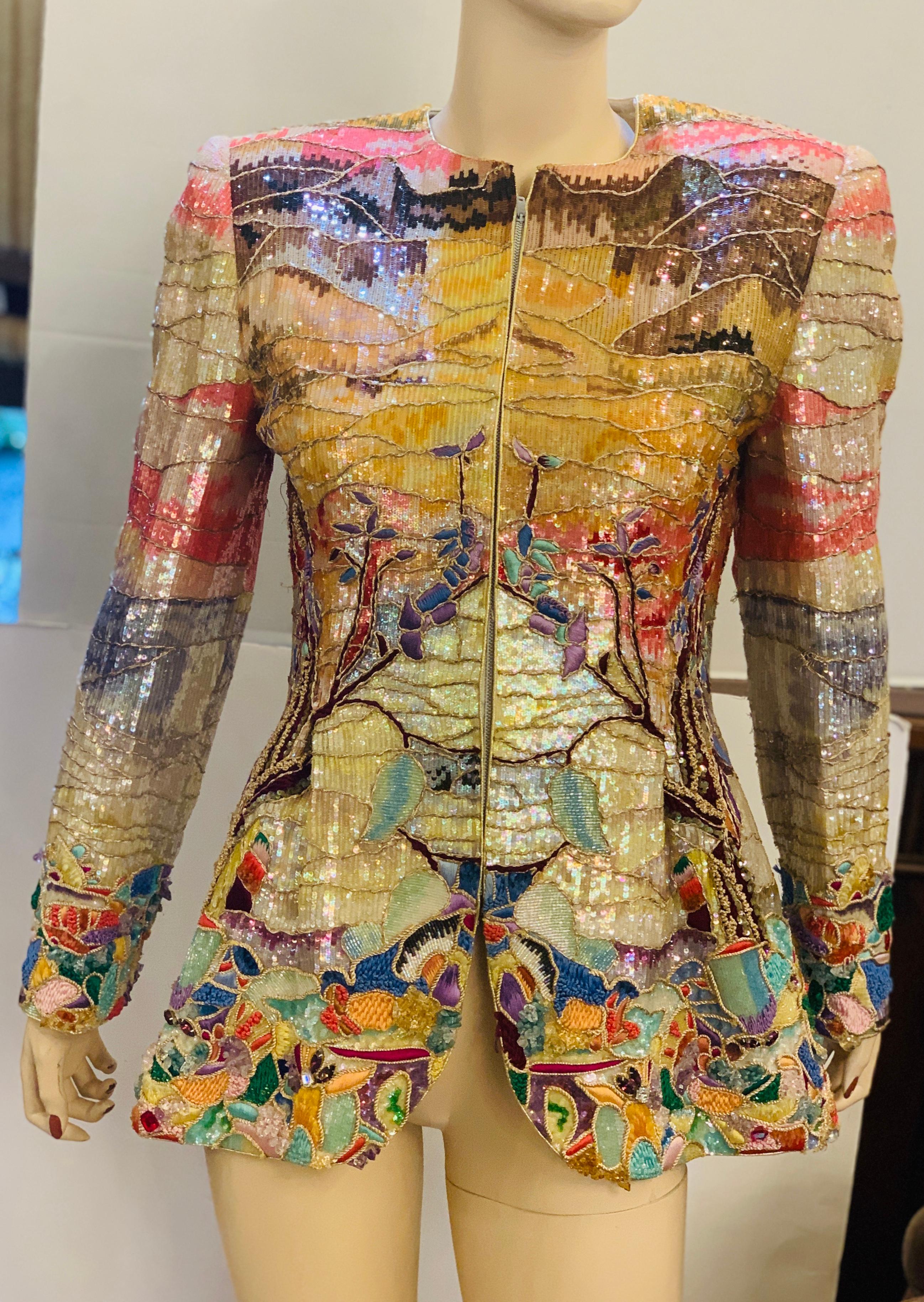 One of a kind, handmade custom couture jeweled evening jacket or top is a sparkling work of art. Coat is encrusted with clusters of polished, naturally shaped semi-precious stones such as amethysts, topazes, jade and rock crystals, interspersed with