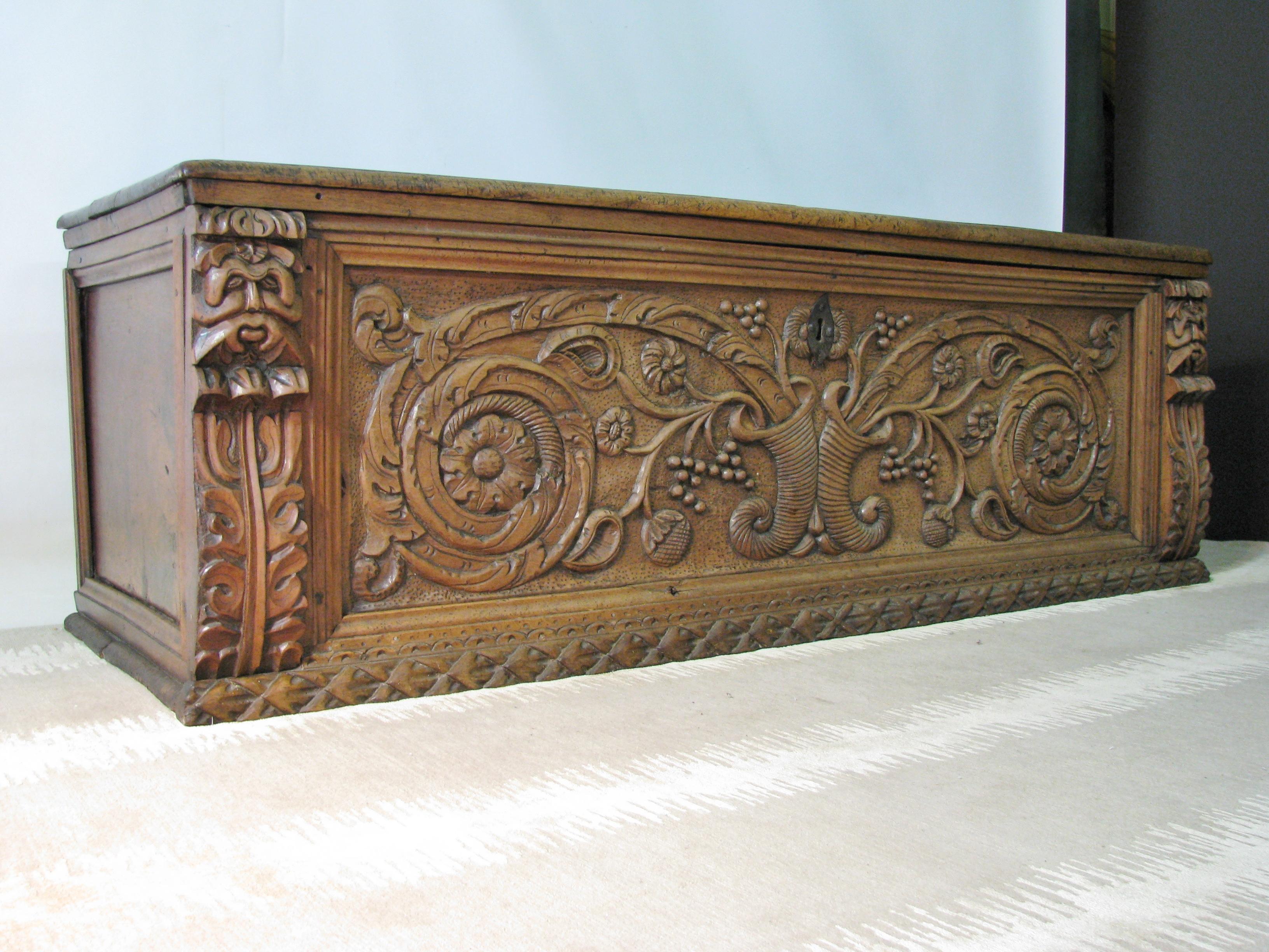 Renaissance Elaborately Carved 17th Century Italian Trunk or Cassone For Sale
