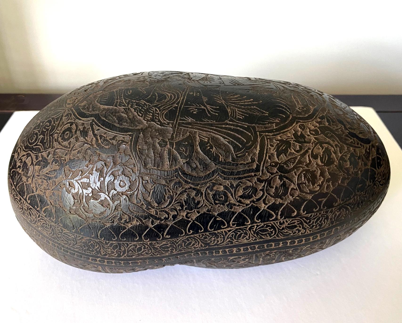 18th Century Elaborately Carved Antique Beggar's Bowl Kashkul For Sale