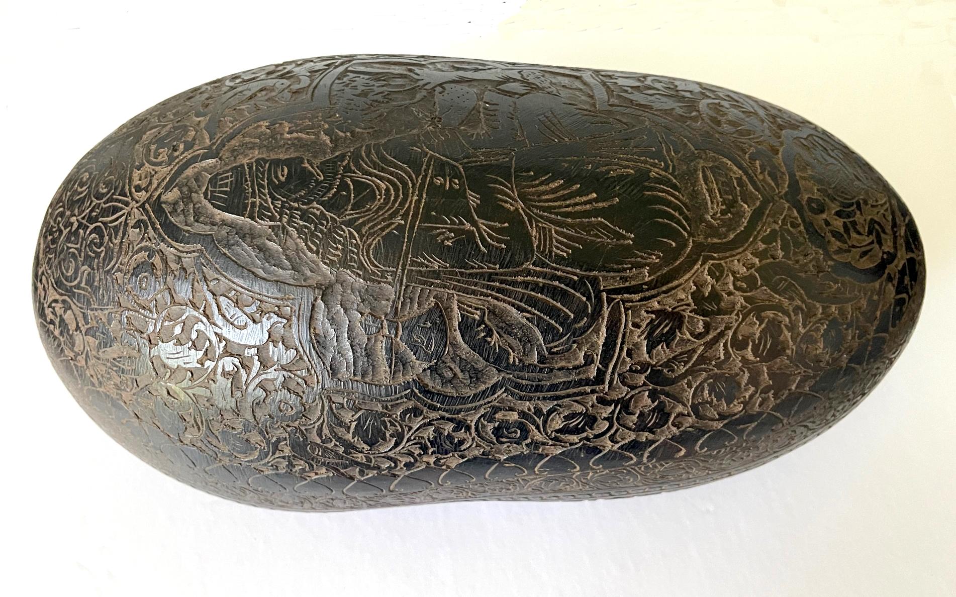 Wood Elaborately Carved Antique Beggar's Bowl Kashkul For Sale